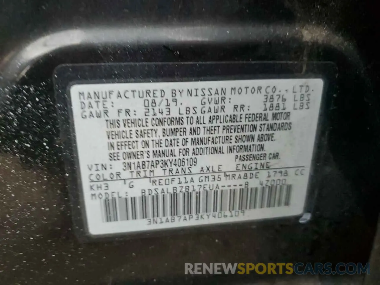 12 fotografías del automóvil dañado 3N1AB7AP3KY406109 NISSAN SENTRA 2019