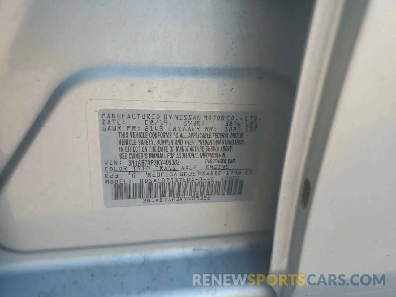 12 fotografías del automóvil dañado 3N1AB7AP3KY409382 NISSAN SENTRA 2019