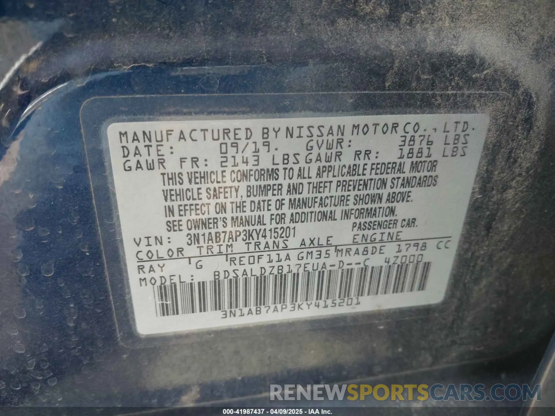 9 fotografías del automóvil dañado 3N1AB7AP3KY415201 NISSAN SENTRA 2019
