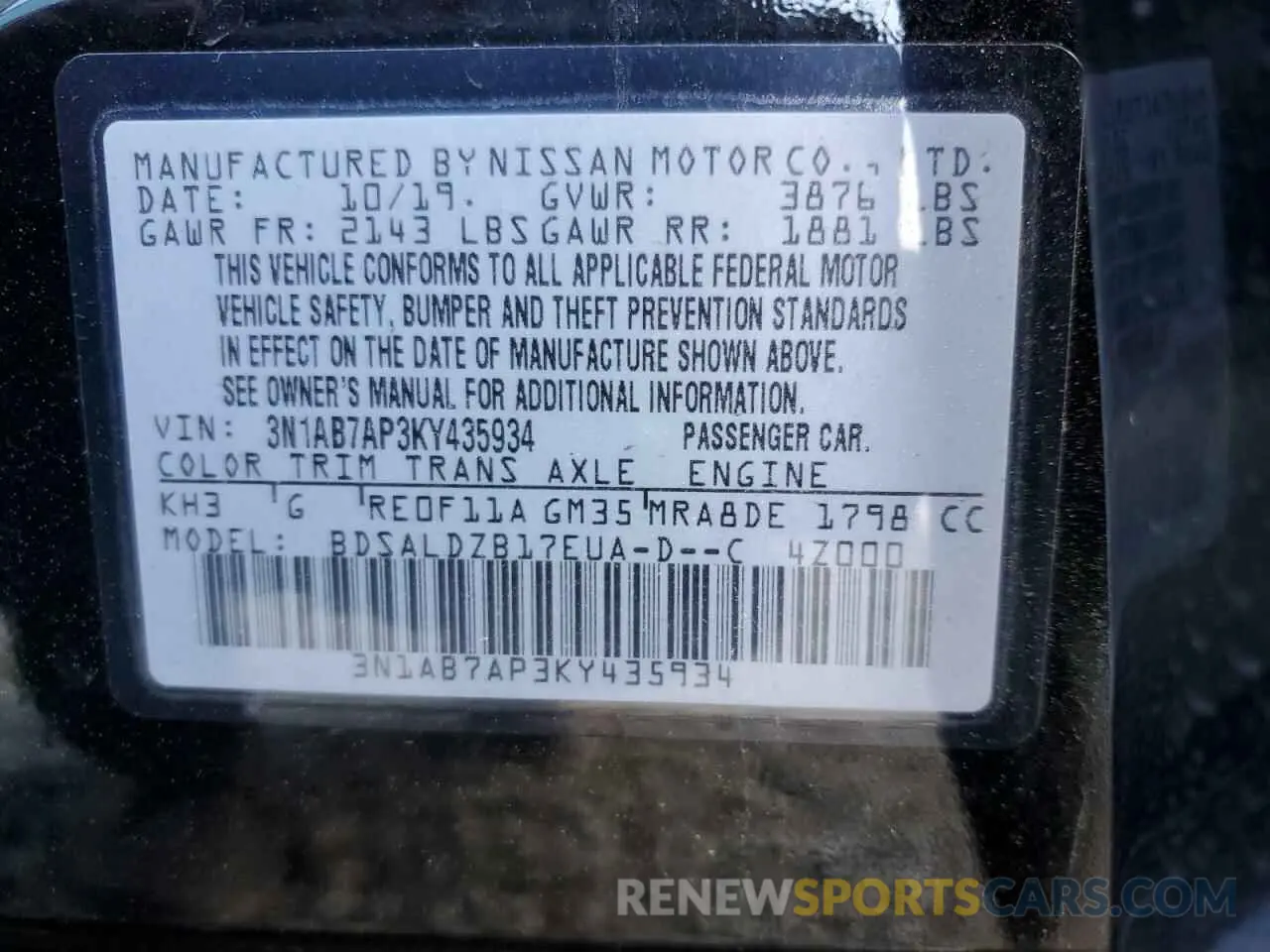 13 fotografías del automóvil dañado 3N1AB7AP3KY435934 NISSAN SENTRA 2019
