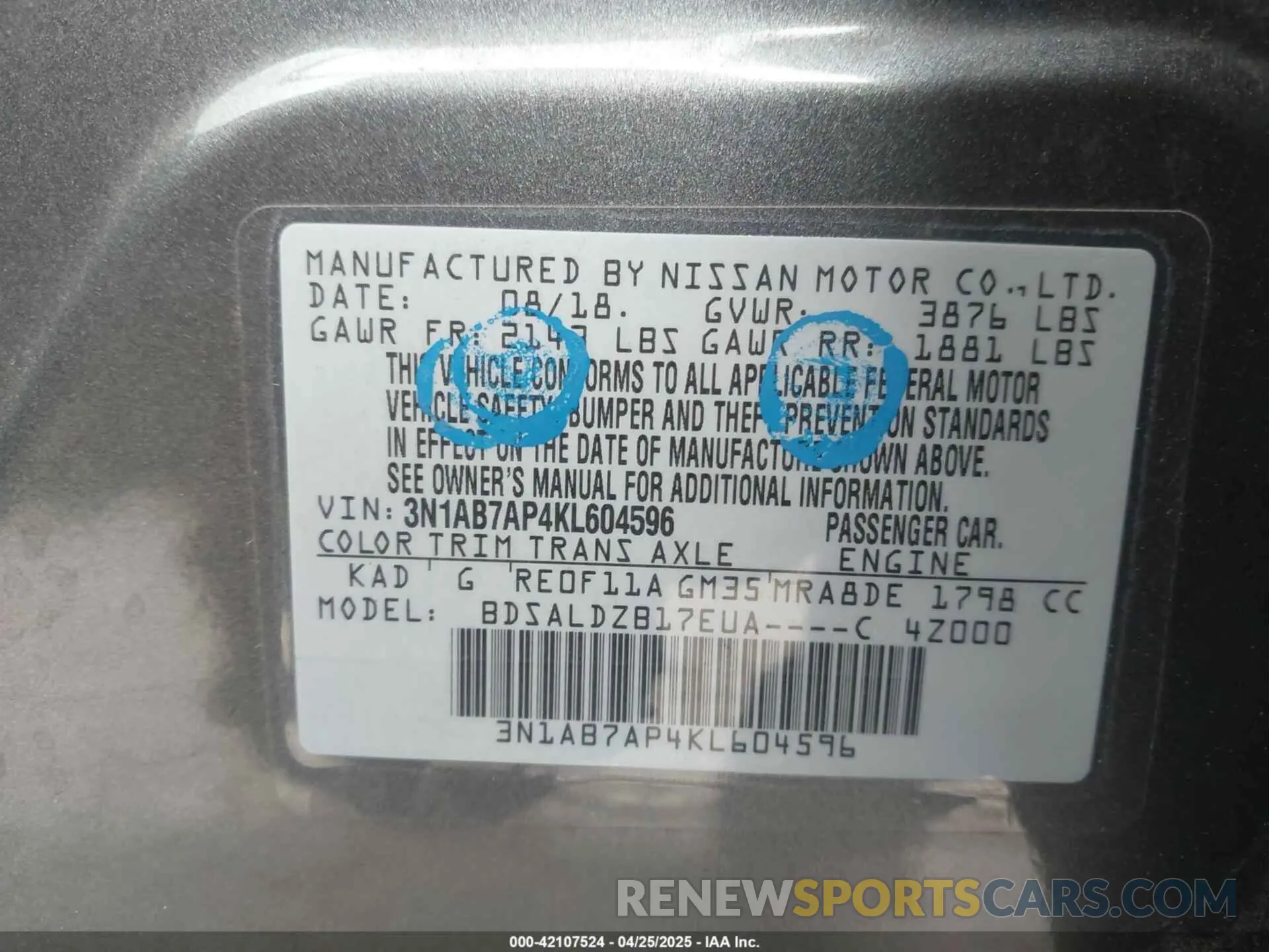 9 fotografías del automóvil dañado 3N1AB7AP4KL604596 NISSAN SENTRA 2019
