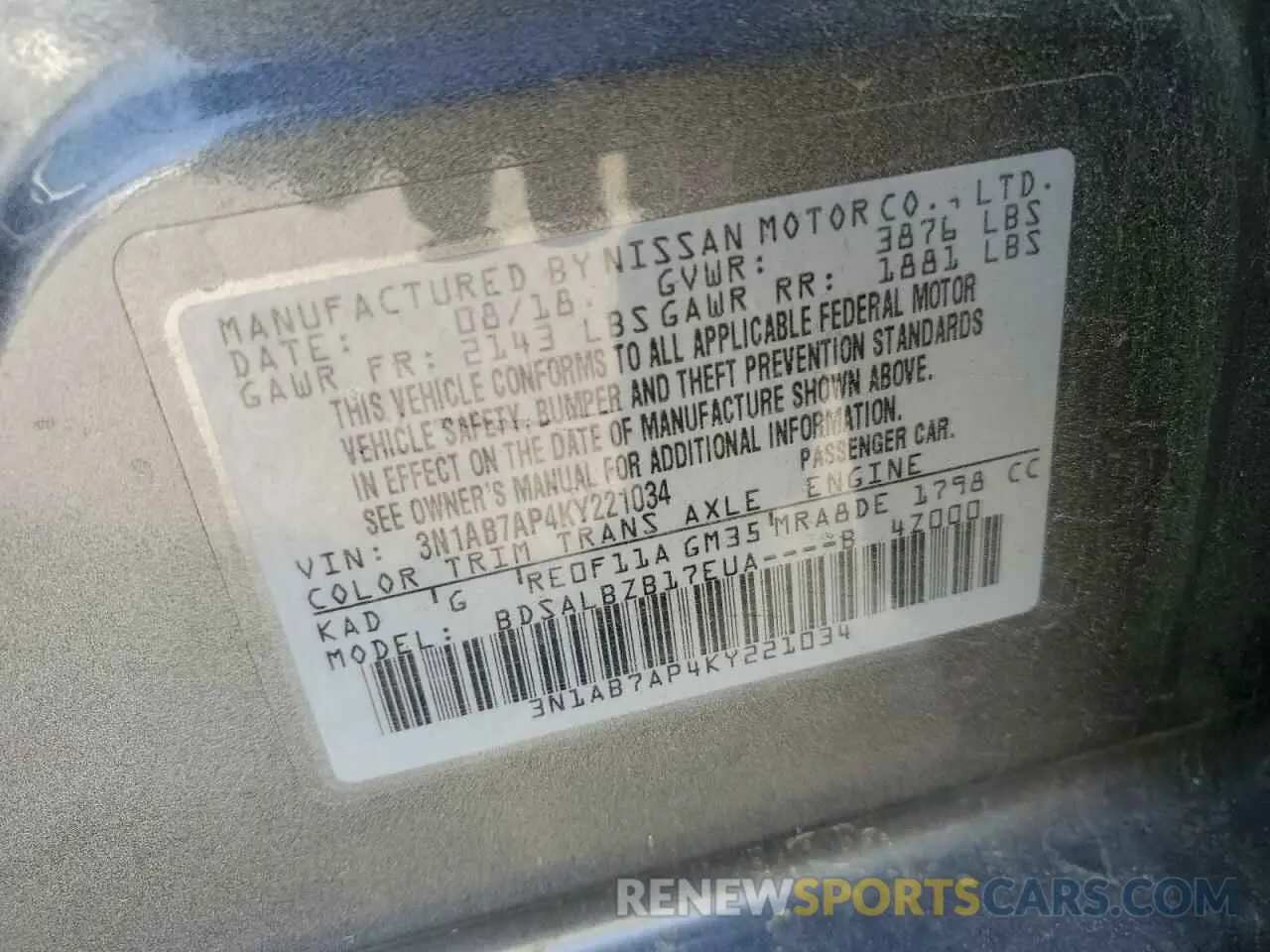 13 fotografías del automóvil dañado 3N1AB7AP4KY221034 NISSAN SENTRA 2019