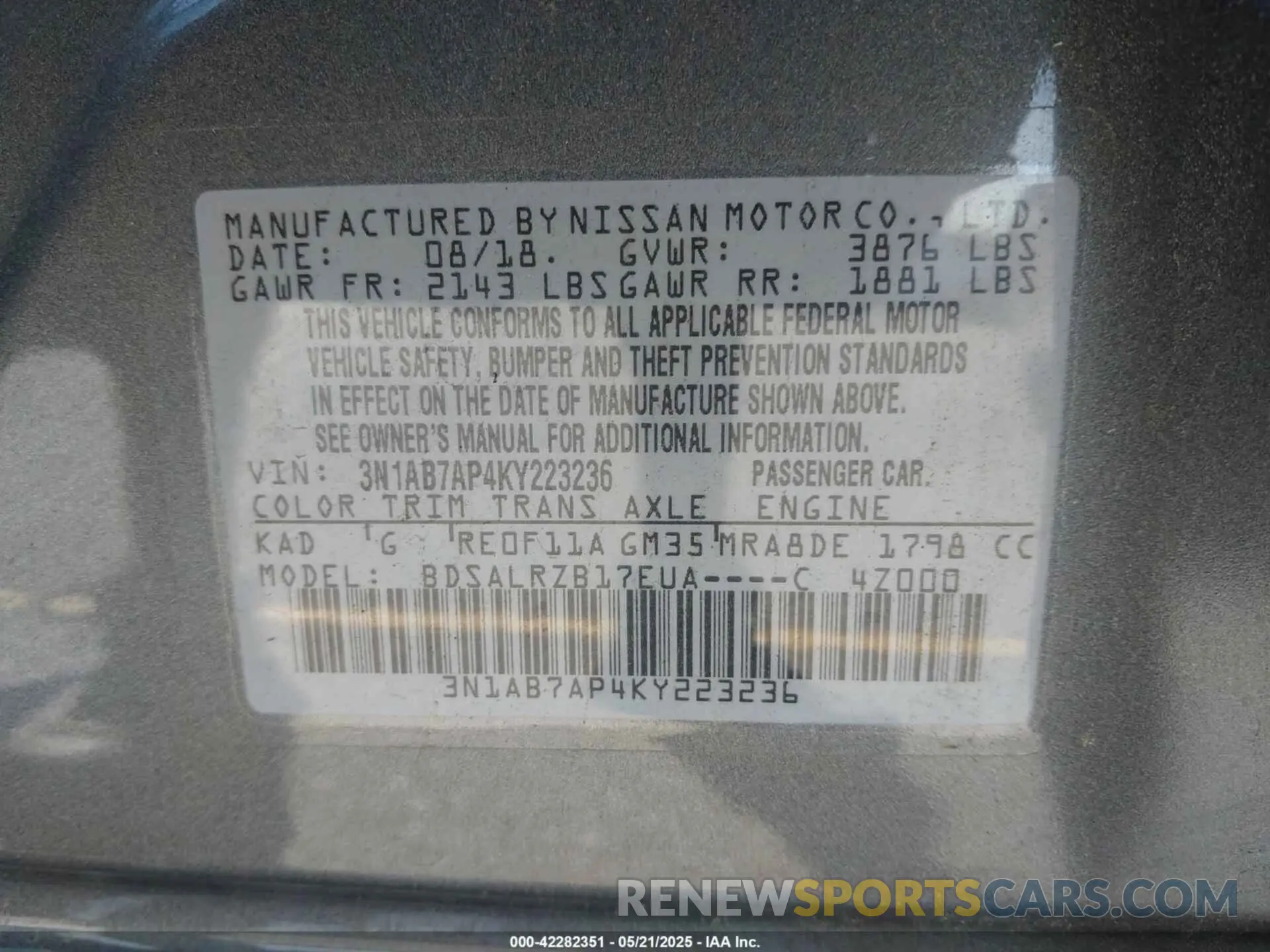 9 fotografías del automóvil dañado 3N1AB7AP4KY223236 NISSAN SENTRA 2019