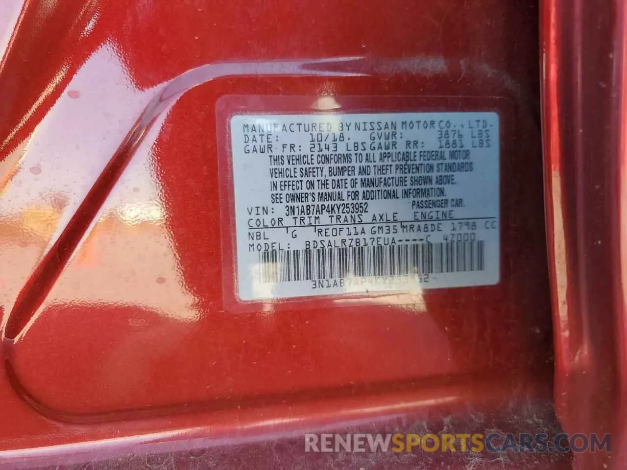 12 fotografías del automóvil dañado 3N1AB7AP4KY253952 NISSAN SENTRA 2019