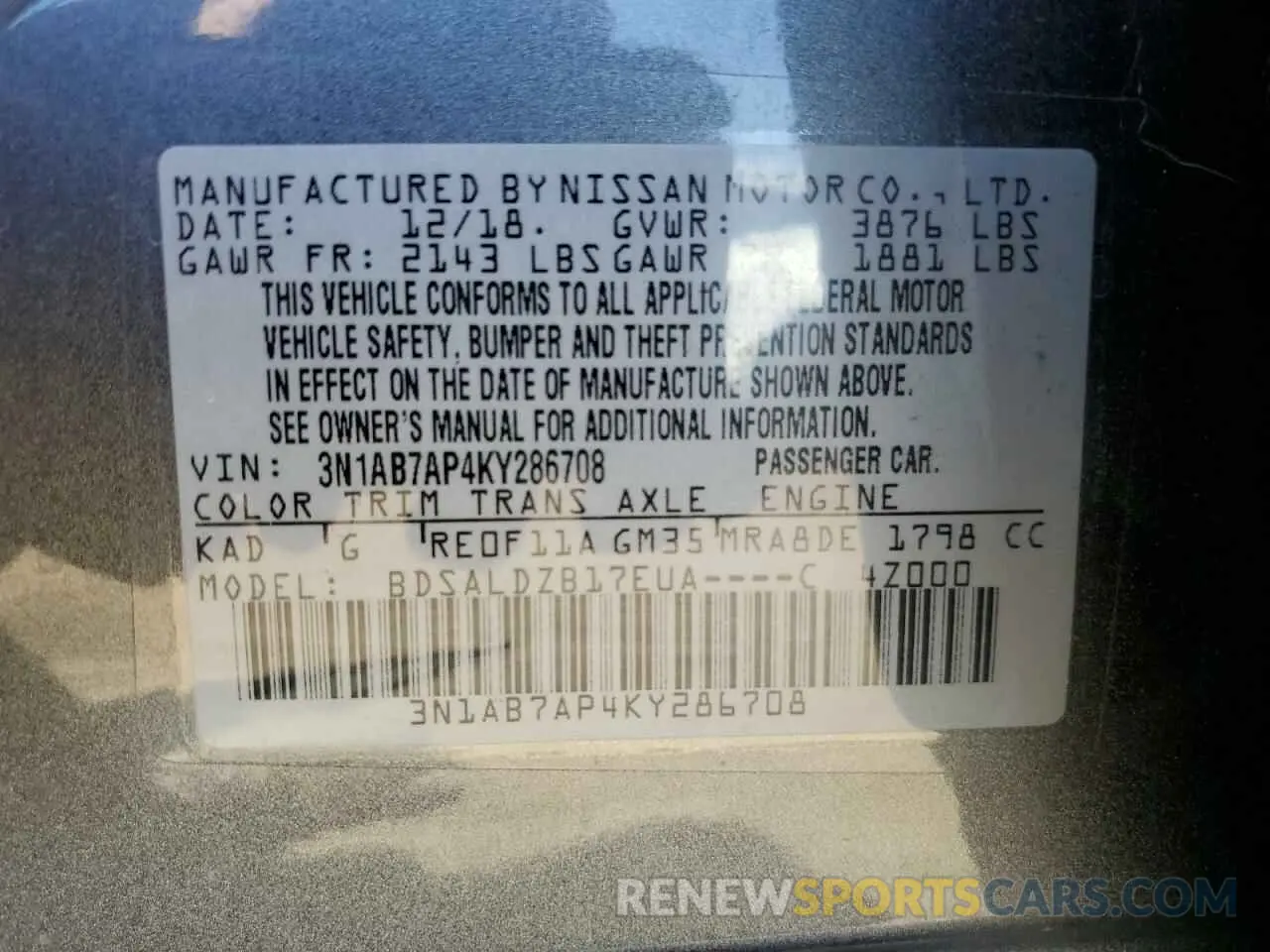 13 fotografías del automóvil dañado 3N1AB7AP4KY286708 NISSAN SENTRA 2019