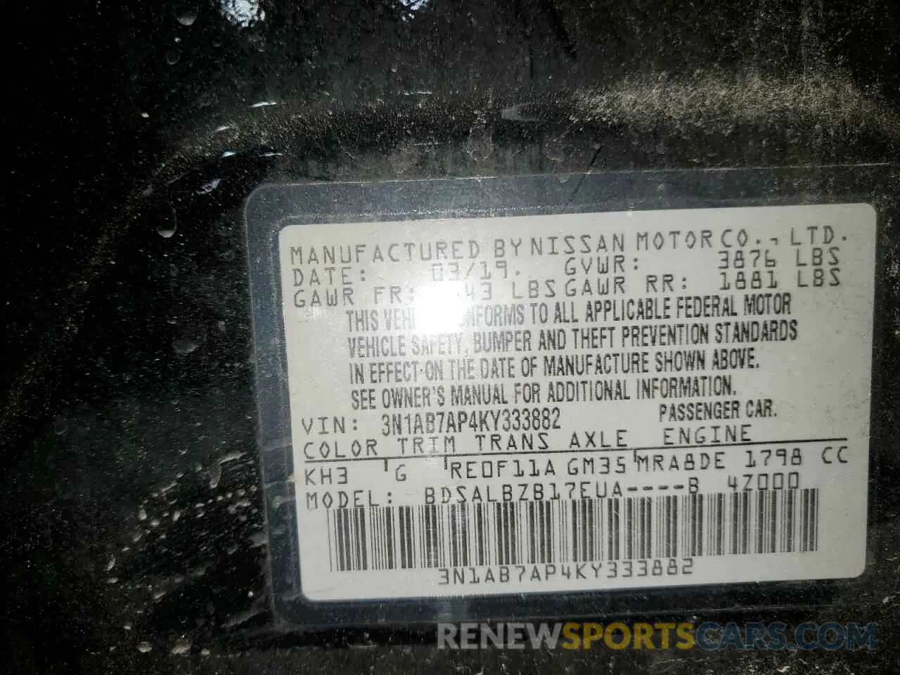 14 fotografías del automóvil dañado 3N1AB7AP4KY333882 NISSAN SENTRA 2019