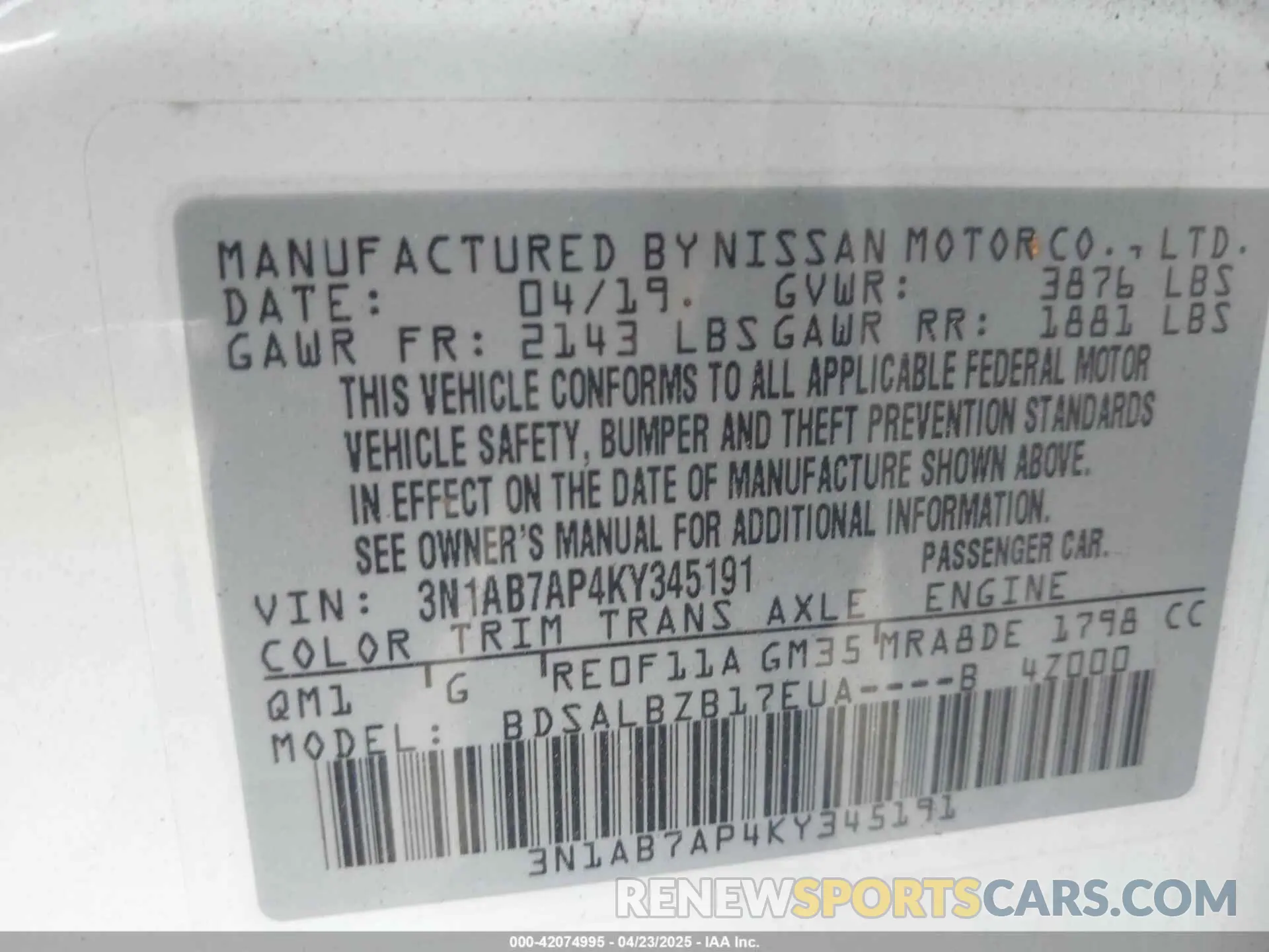 9 fotografías del automóvil dañado 3N1AB7AP4KY345191 NISSAN SENTRA 2019