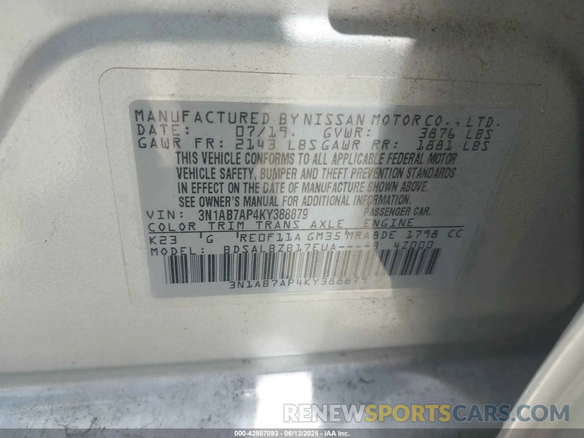 9 fotografías del automóvil dañado 3N1AB7AP4KY388879 NISSAN SENTRA 2019