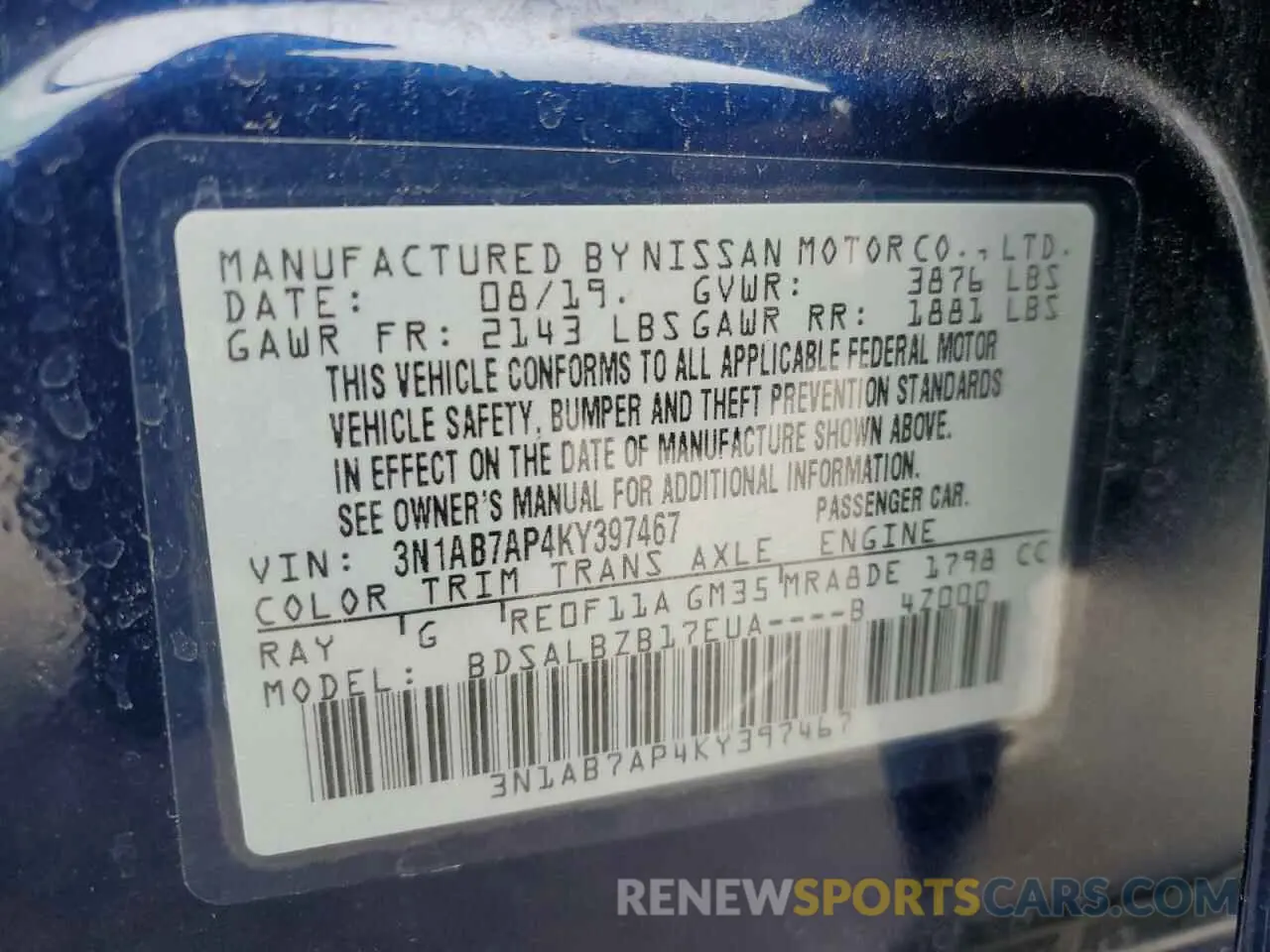 14 fotografías del automóvil dañado 3N1AB7AP4KY397467 NISSAN SENTRA 2019