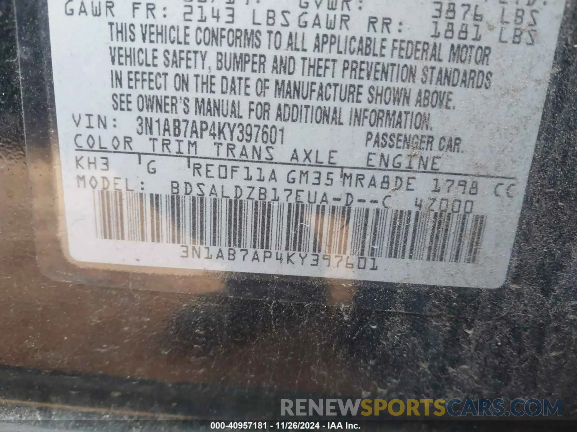 9 fotografías del automóvil dañado 3N1AB7AP4KY397601 NISSAN SENTRA 2019