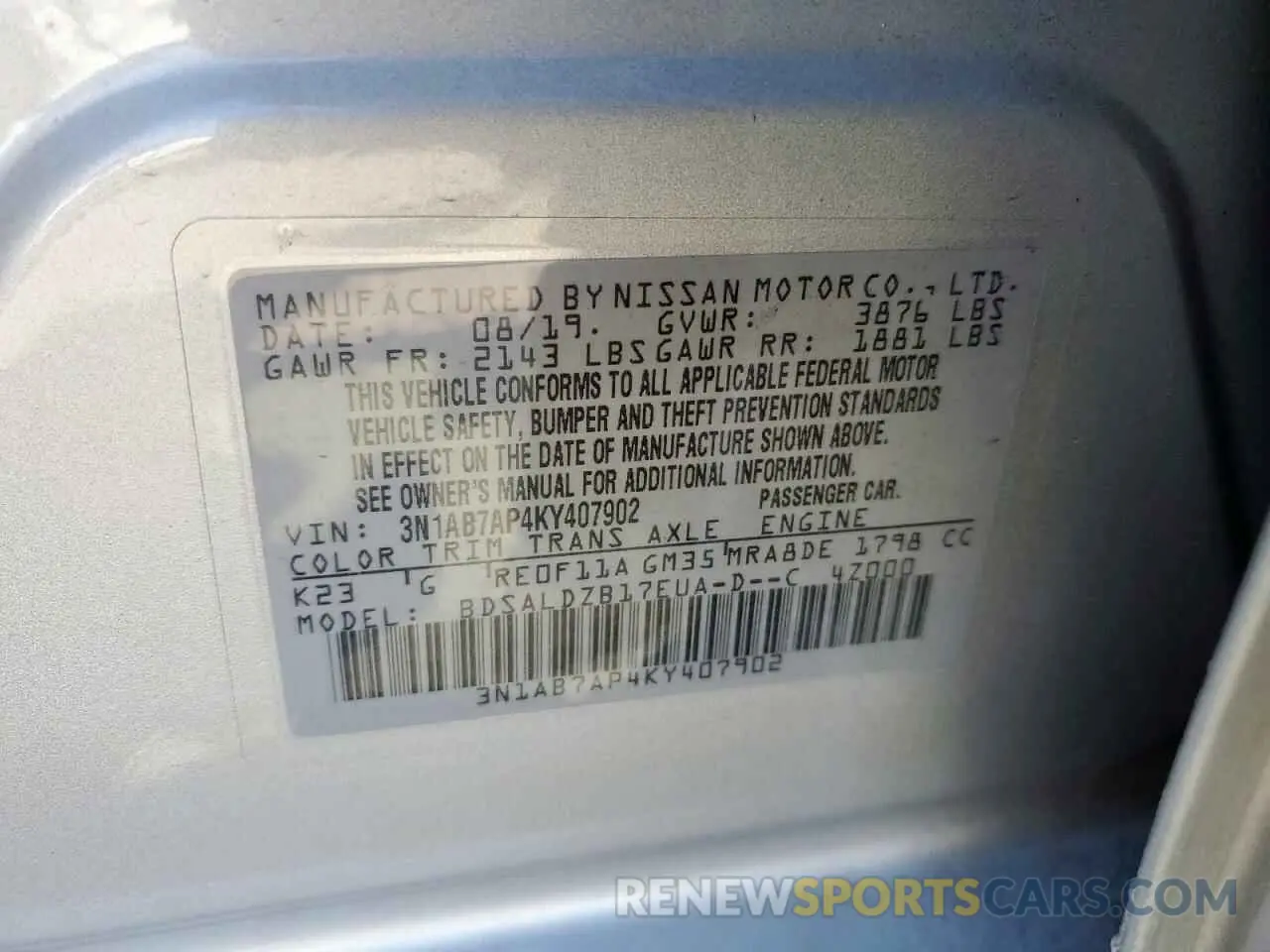 12 fotografías del automóvil dañado 3N1AB7AP4KY407902 NISSAN SENTRA 2019