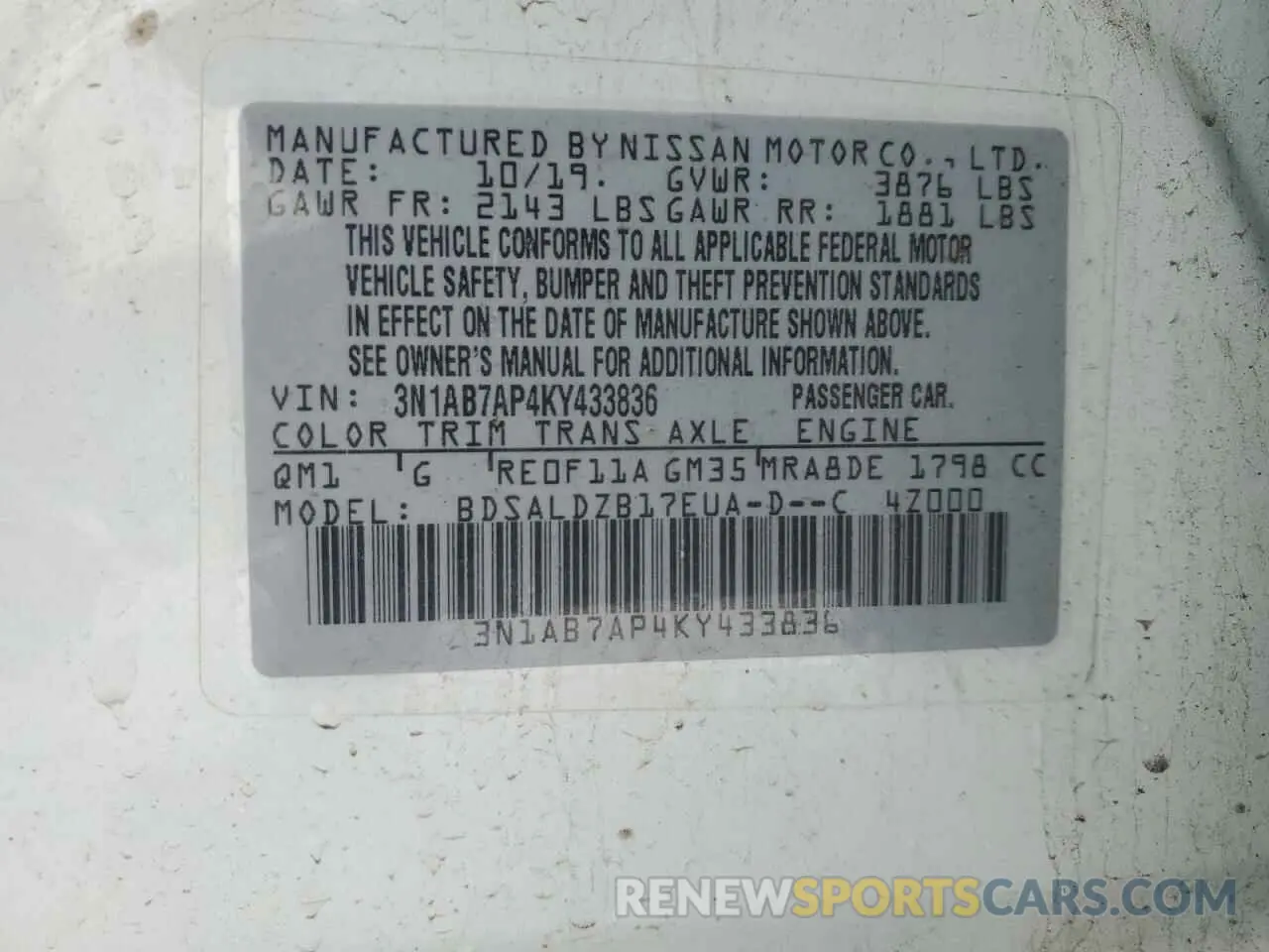 12 fotografías del automóvil dañado 3N1AB7AP4KY433836 NISSAN SENTRA 2019