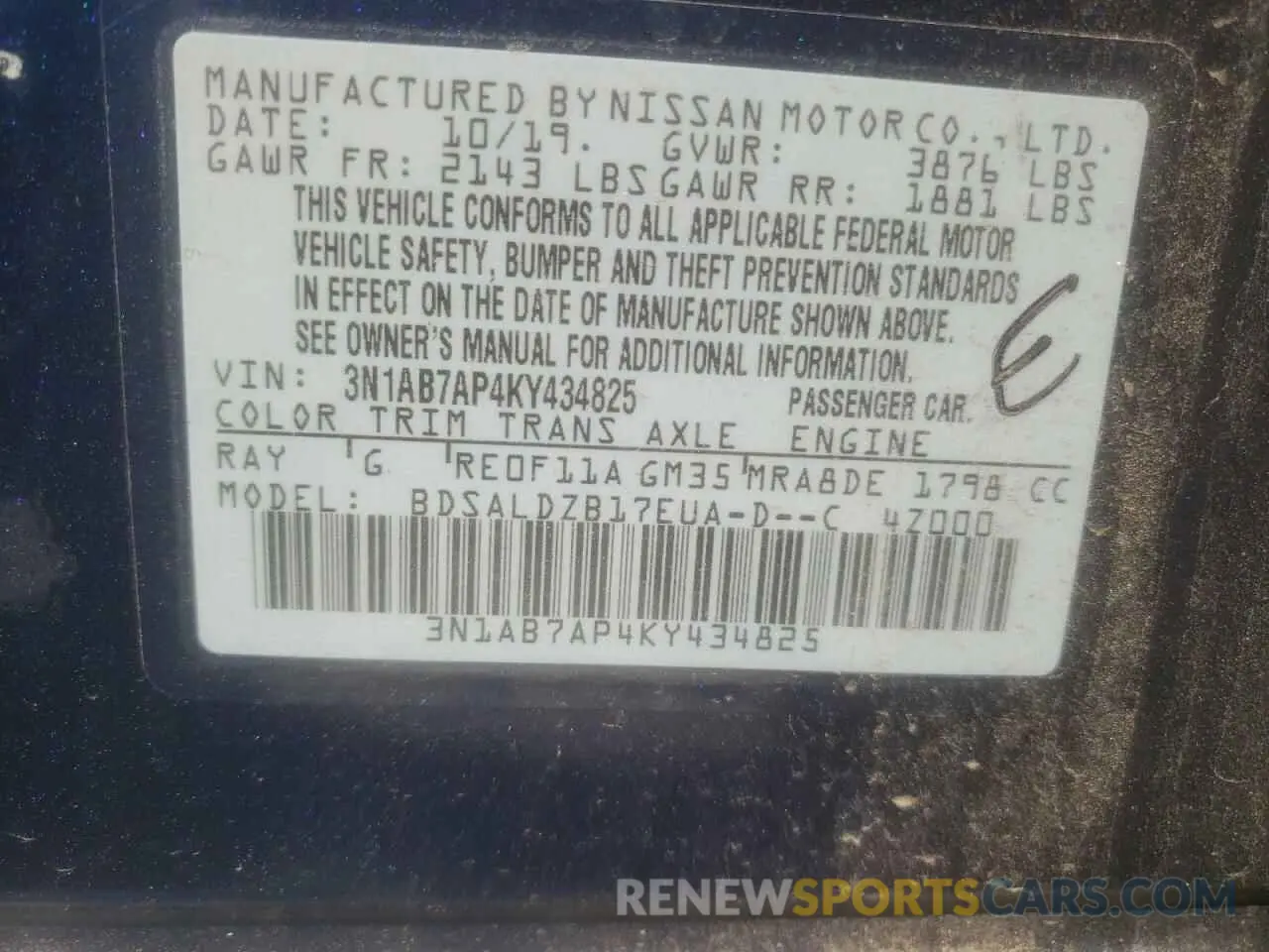 14 fotografías del automóvil dañado 3N1AB7AP4KY434825 NISSAN SENTRA 2019
