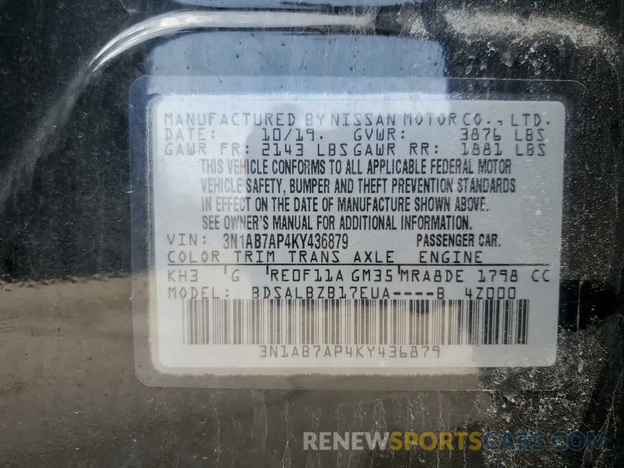 12 fotografías del automóvil dañado 3N1AB7AP4KY436879 NISSAN SENTRA 2019
