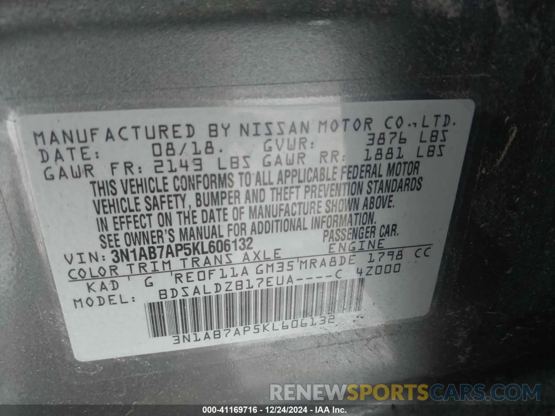 9 fotografías del automóvil dañado 3N1AB7AP5KL606132 NISSAN SENTRA 2019
