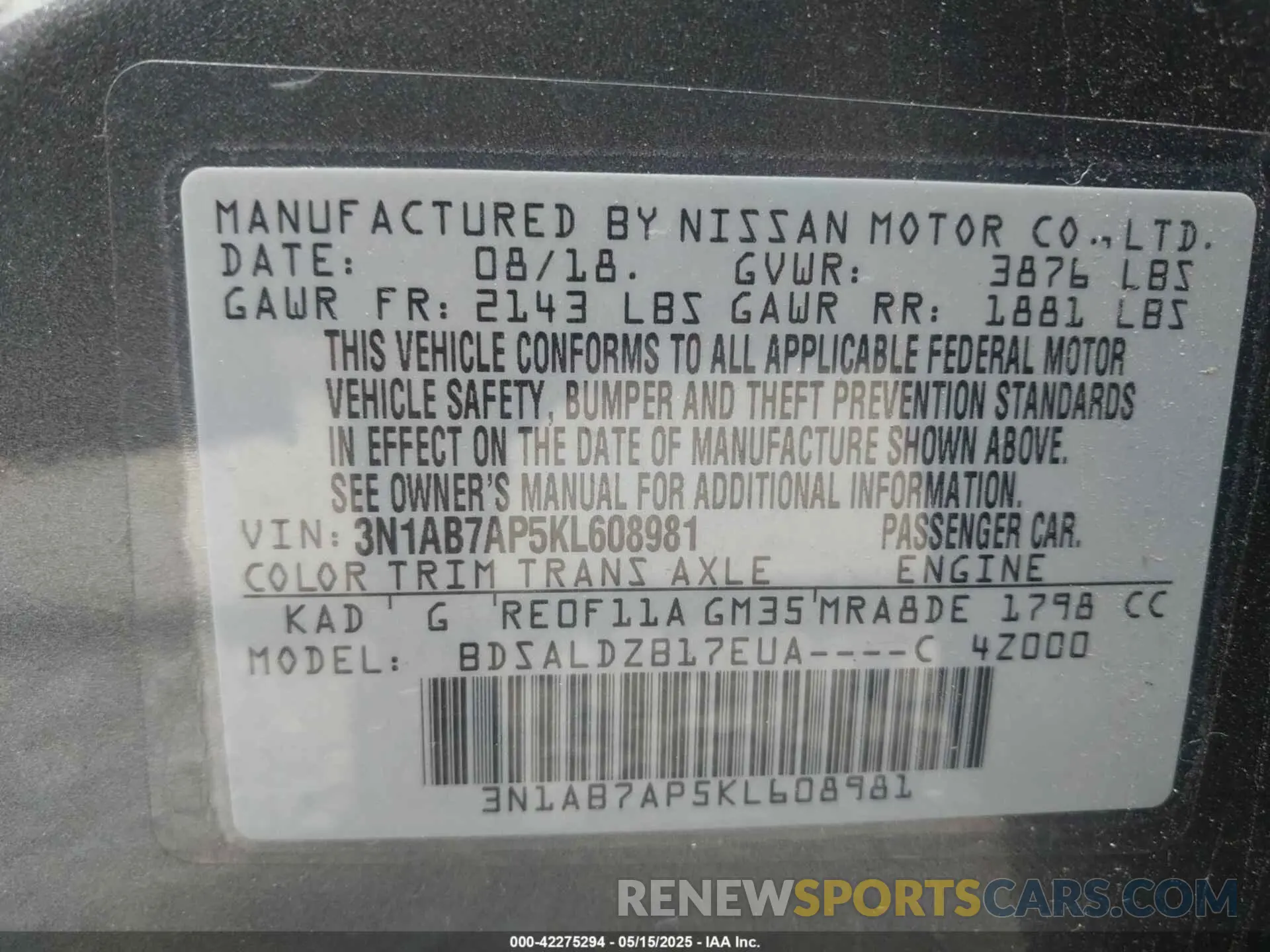 9 fotografías del automóvil dañado 3N1AB7AP5KL608981 NISSAN SENTRA 2019