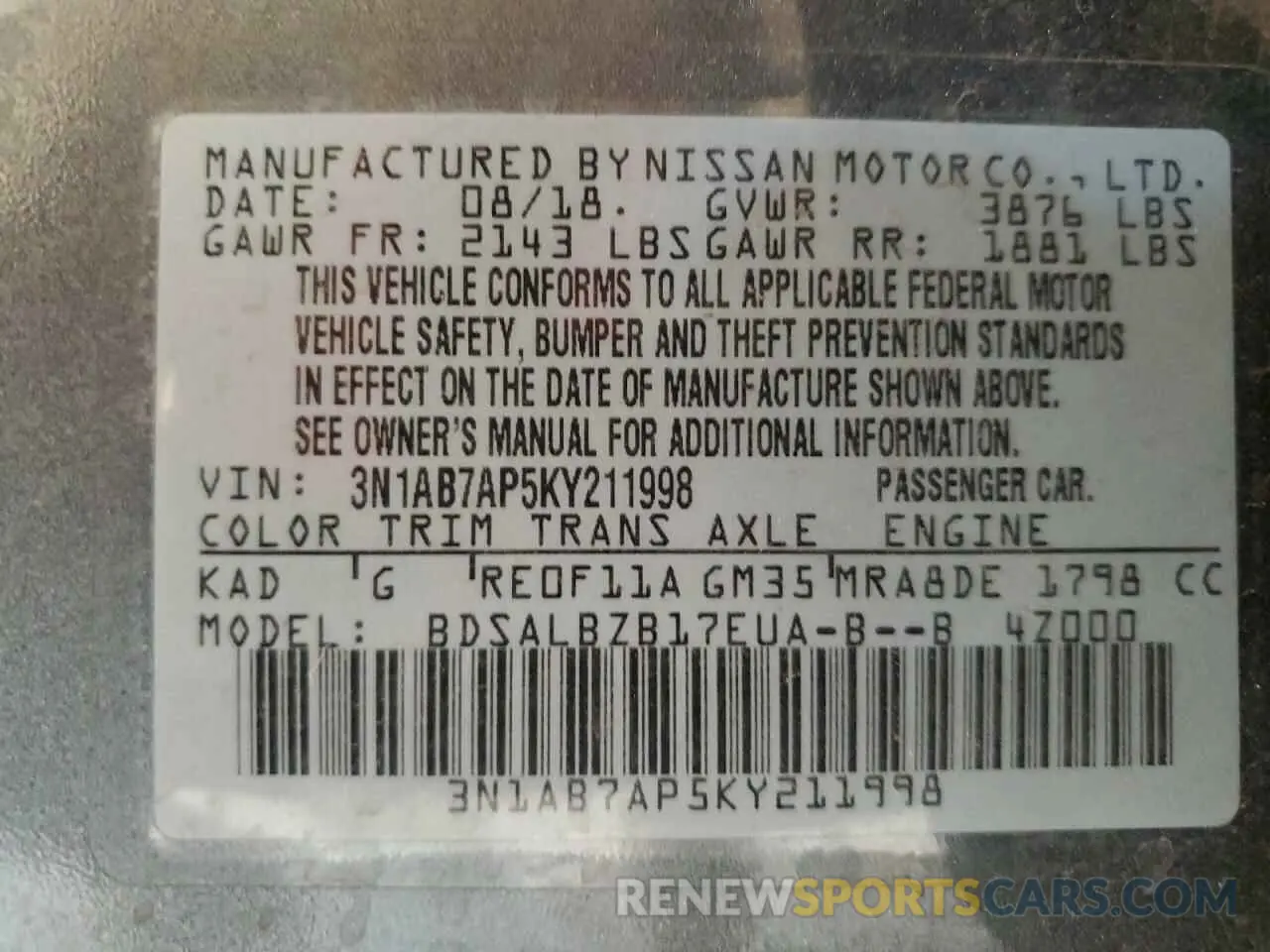 12 fotografías del automóvil dañado 3N1AB7AP5KY211998 NISSAN SENTRA 2019