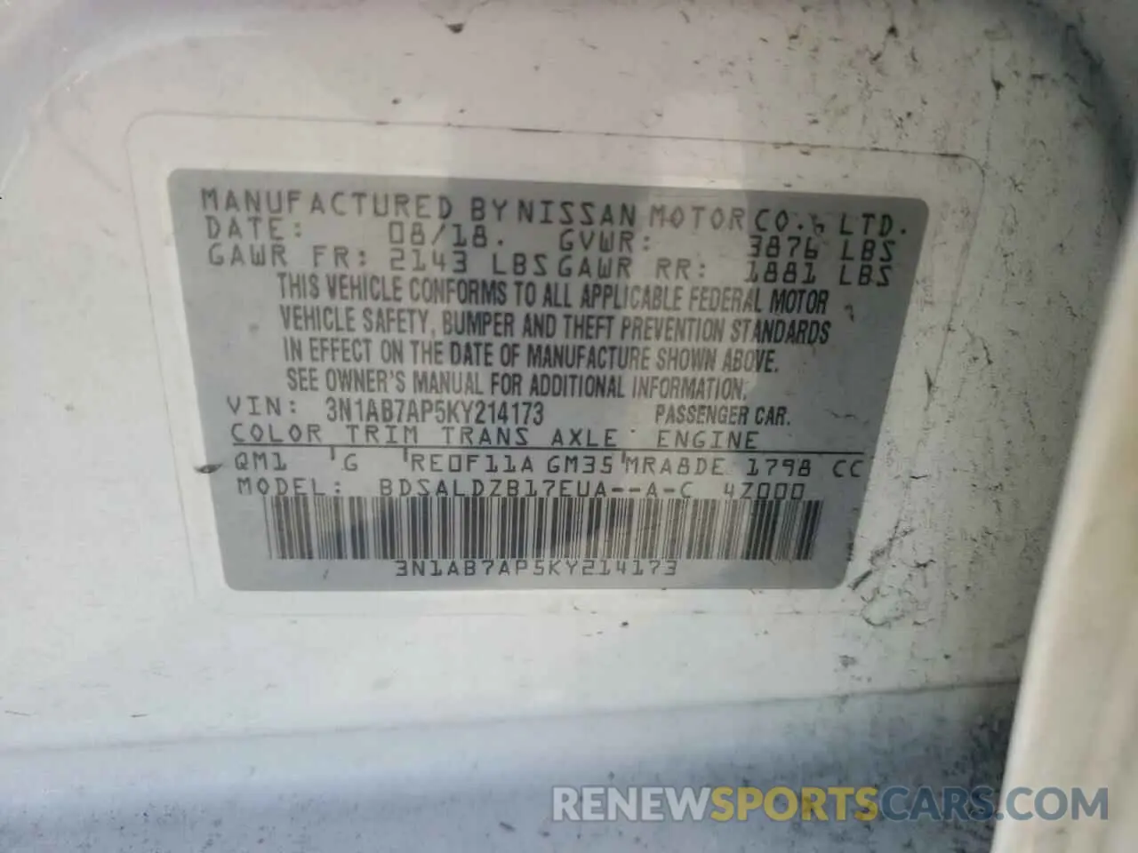 12 fotografías del automóvil dañado 3N1AB7AP5KY214173 NISSAN SENTRA 2019