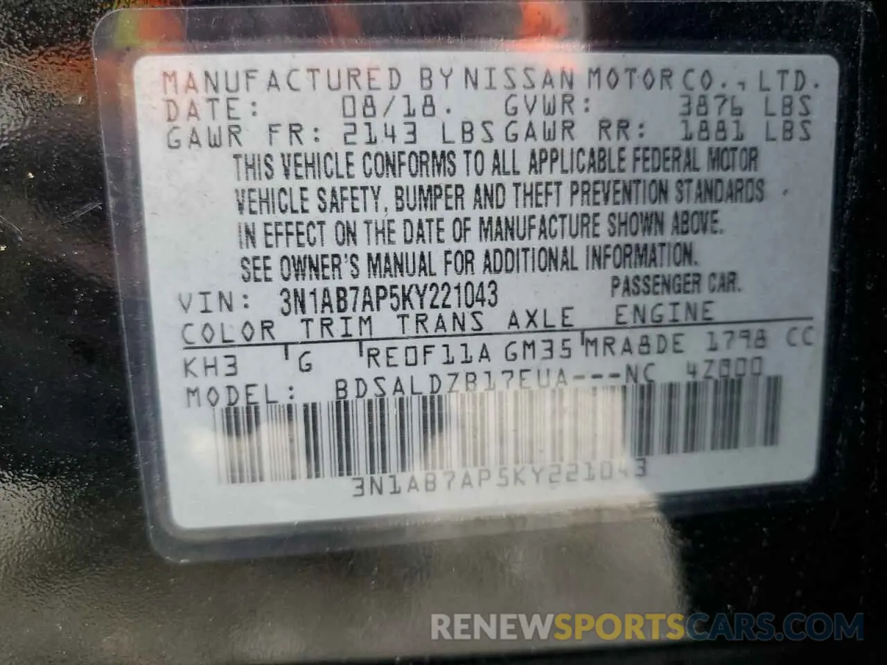 12 fotografías del automóvil dañado 3N1AB7AP5KY221043 NISSAN SENTRA 2019