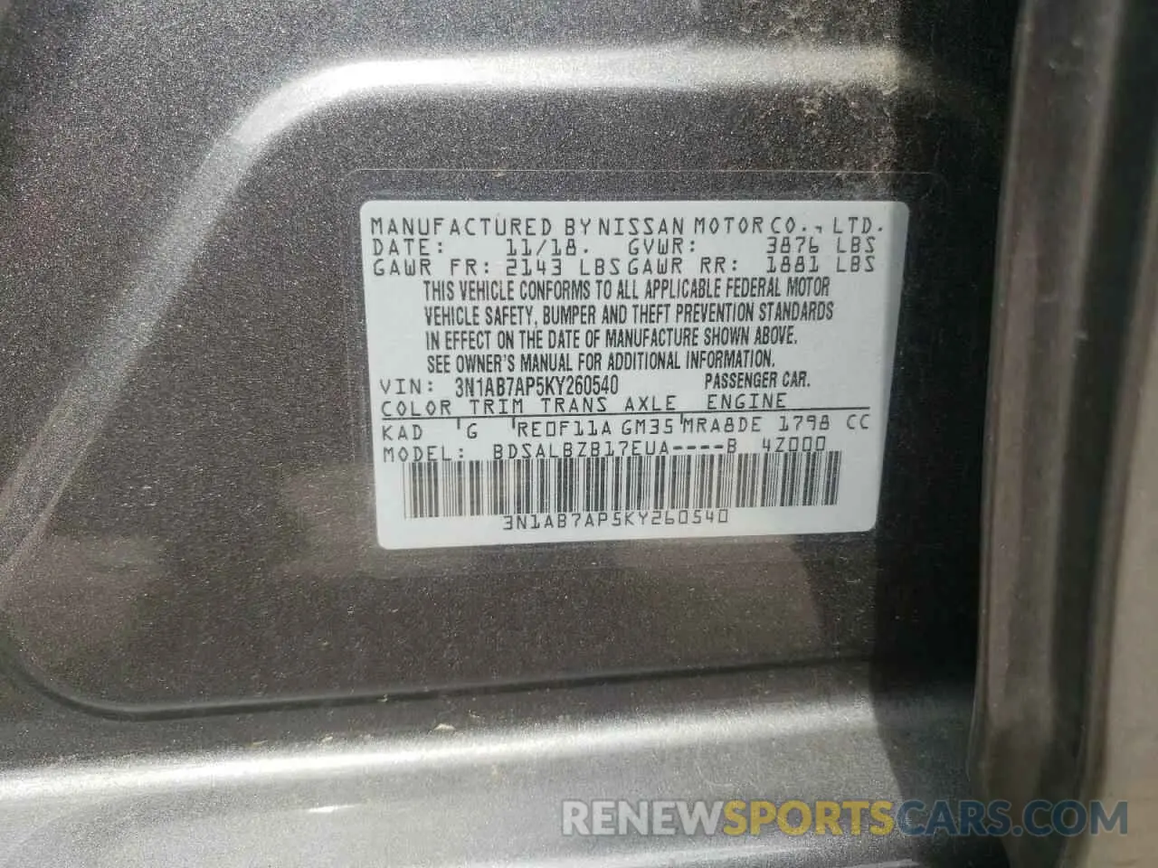 12 fotografías del automóvil dañado 3N1AB7AP5KY260540 NISSAN SENTRA 2019