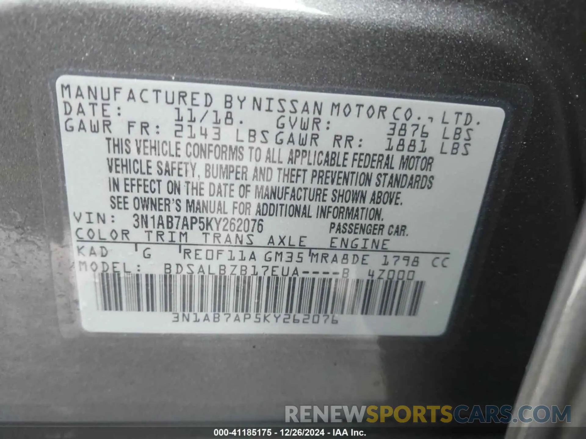 9 fotografías del automóvil dañado 3N1AB7AP5KY262076 NISSAN SENTRA 2019