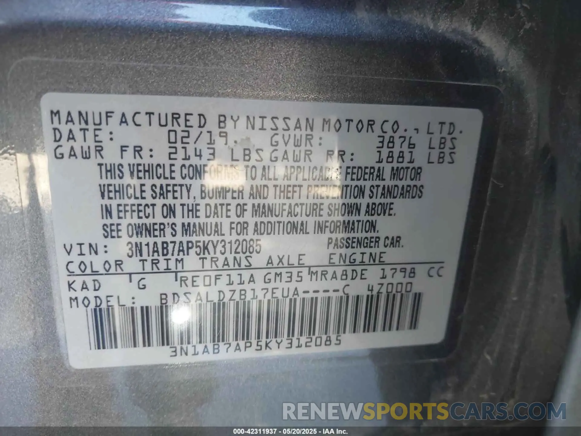 9 fotografías del automóvil dañado 3N1AB7AP5KY312085 NISSAN SENTRA 2019