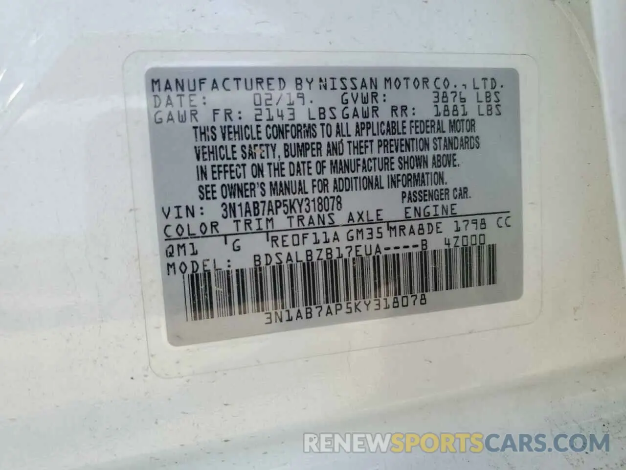 12 fotografías del automóvil dañado 3N1AB7AP5KY318078 NISSAN SENTRA 2019