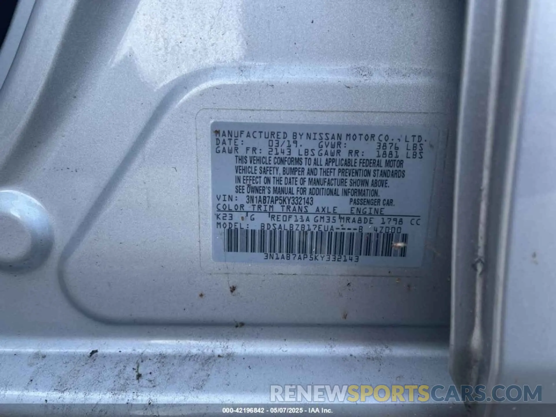 9 fotografías del automóvil dañado 3N1AB7AP5KY332143 NISSAN SENTRA 2019