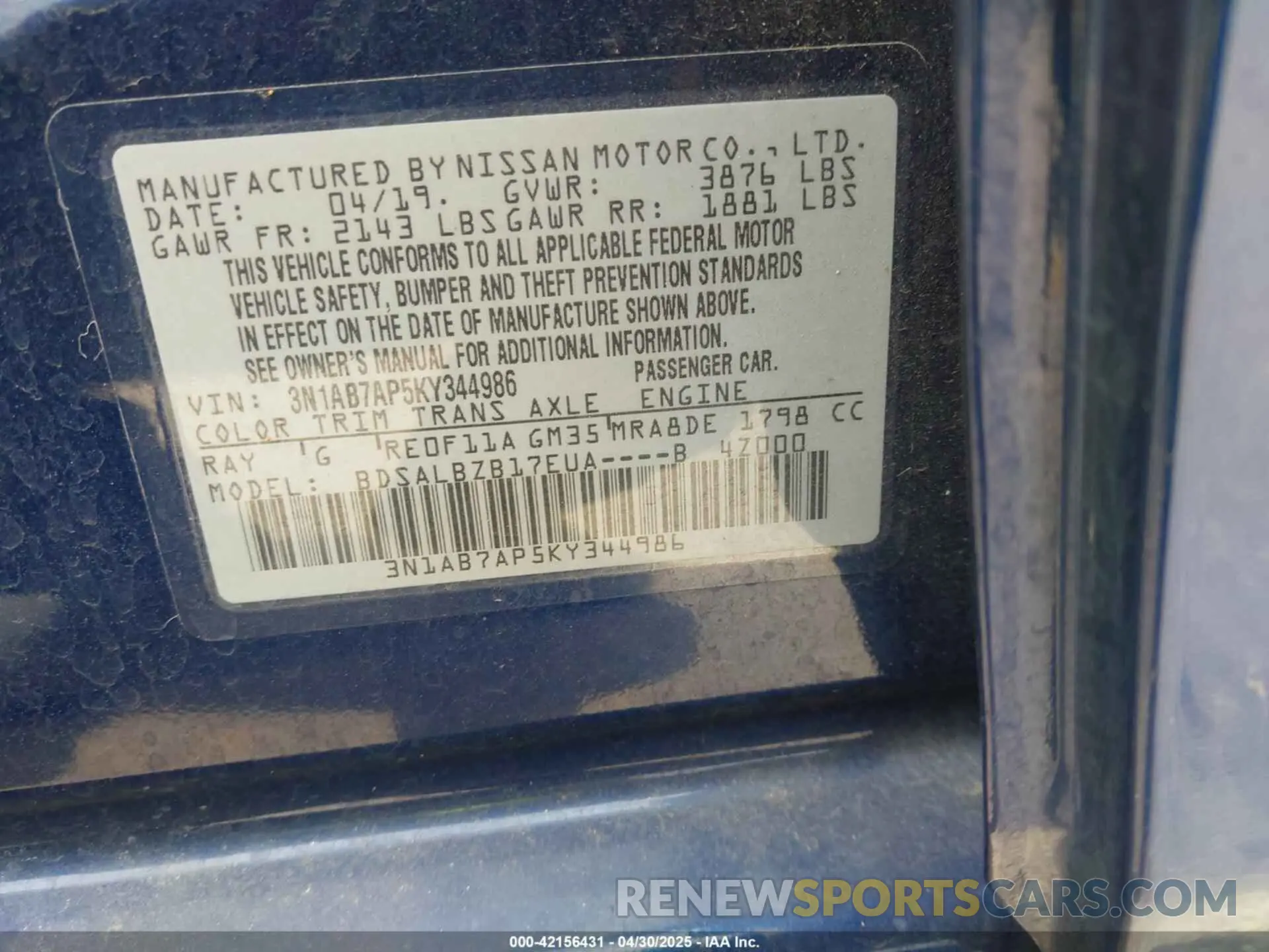 9 fotografías del automóvil dañado 3N1AB7AP5KY344986 NISSAN SENTRA 2019