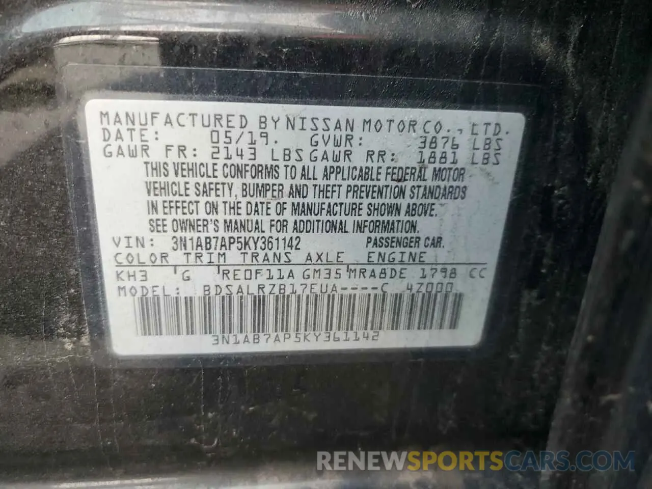 14 fotografías del automóvil dañado 3N1AB7AP5KY361142 NISSAN SENTRA 2019