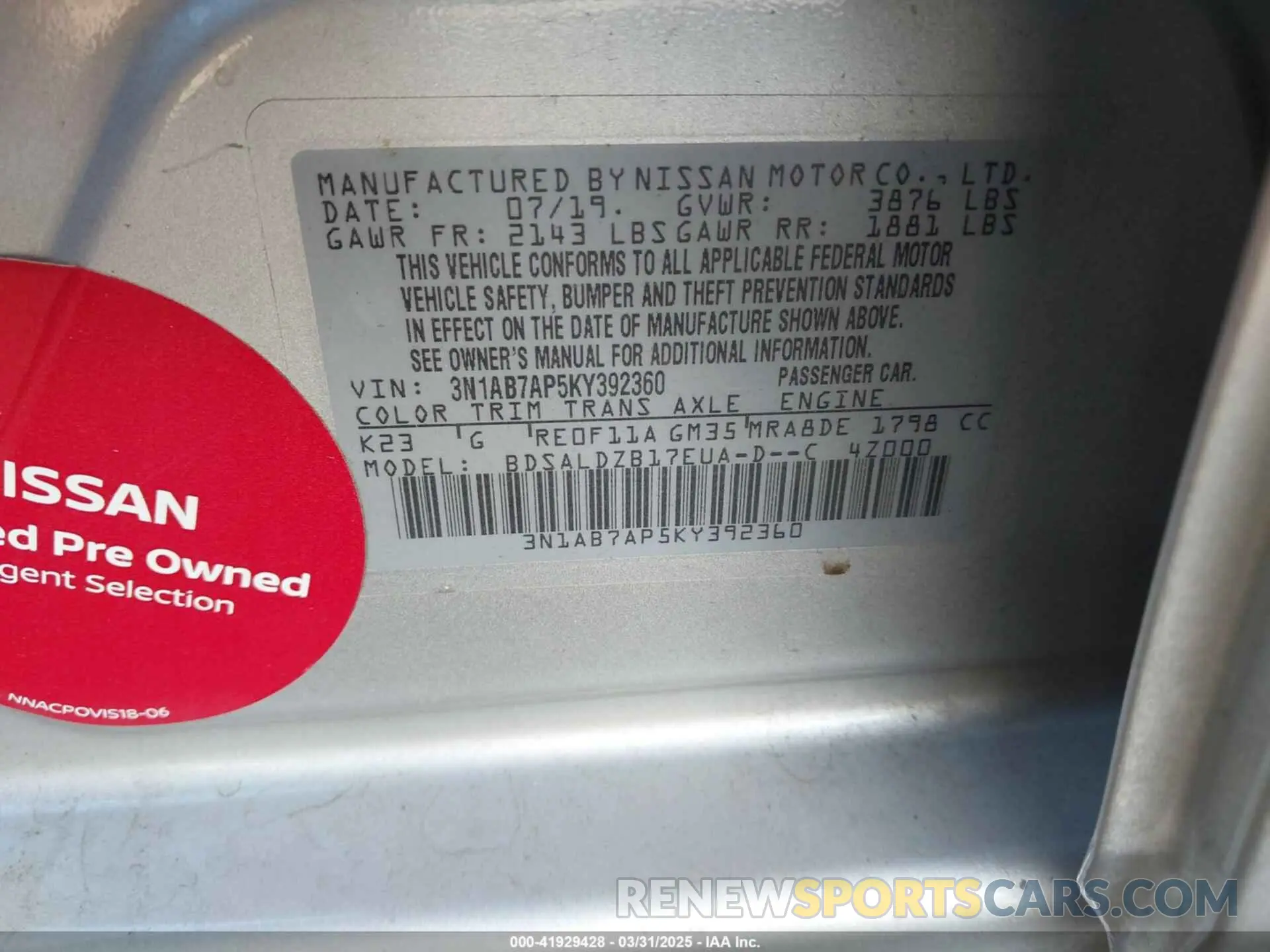 9 fotografías del automóvil dañado 3N1AB7AP5KY392360 NISSAN SENTRA 2019