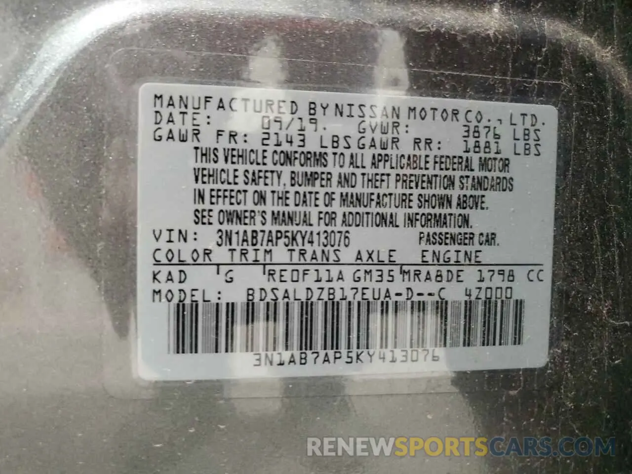 12 fotografías del automóvil dañado 3N1AB7AP5KY413076 NISSAN SENTRA 2019