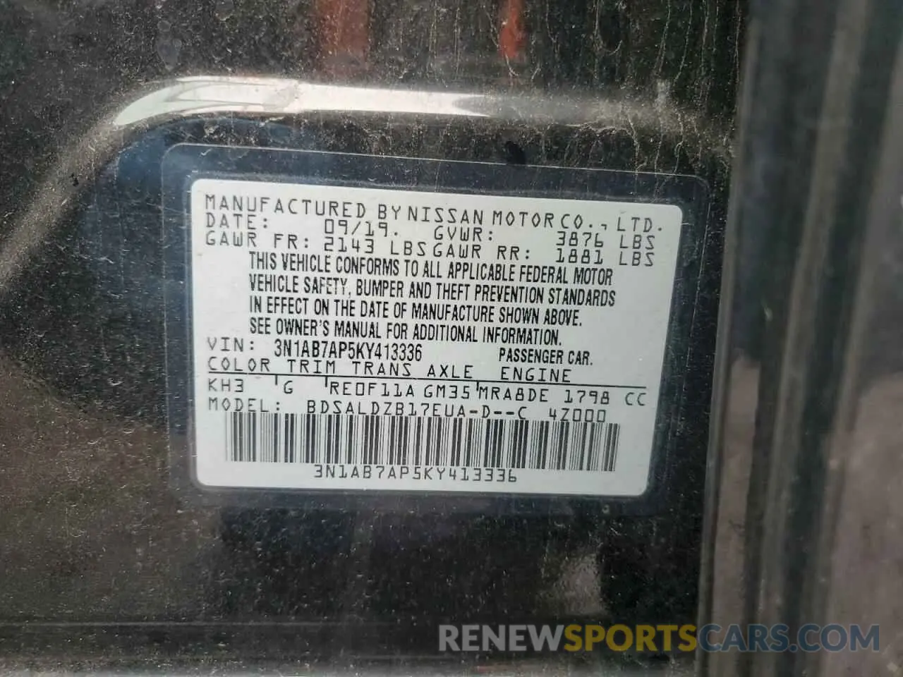 12 fotografías del automóvil dañado 3N1AB7AP5KY413336 NISSAN SENTRA 2019