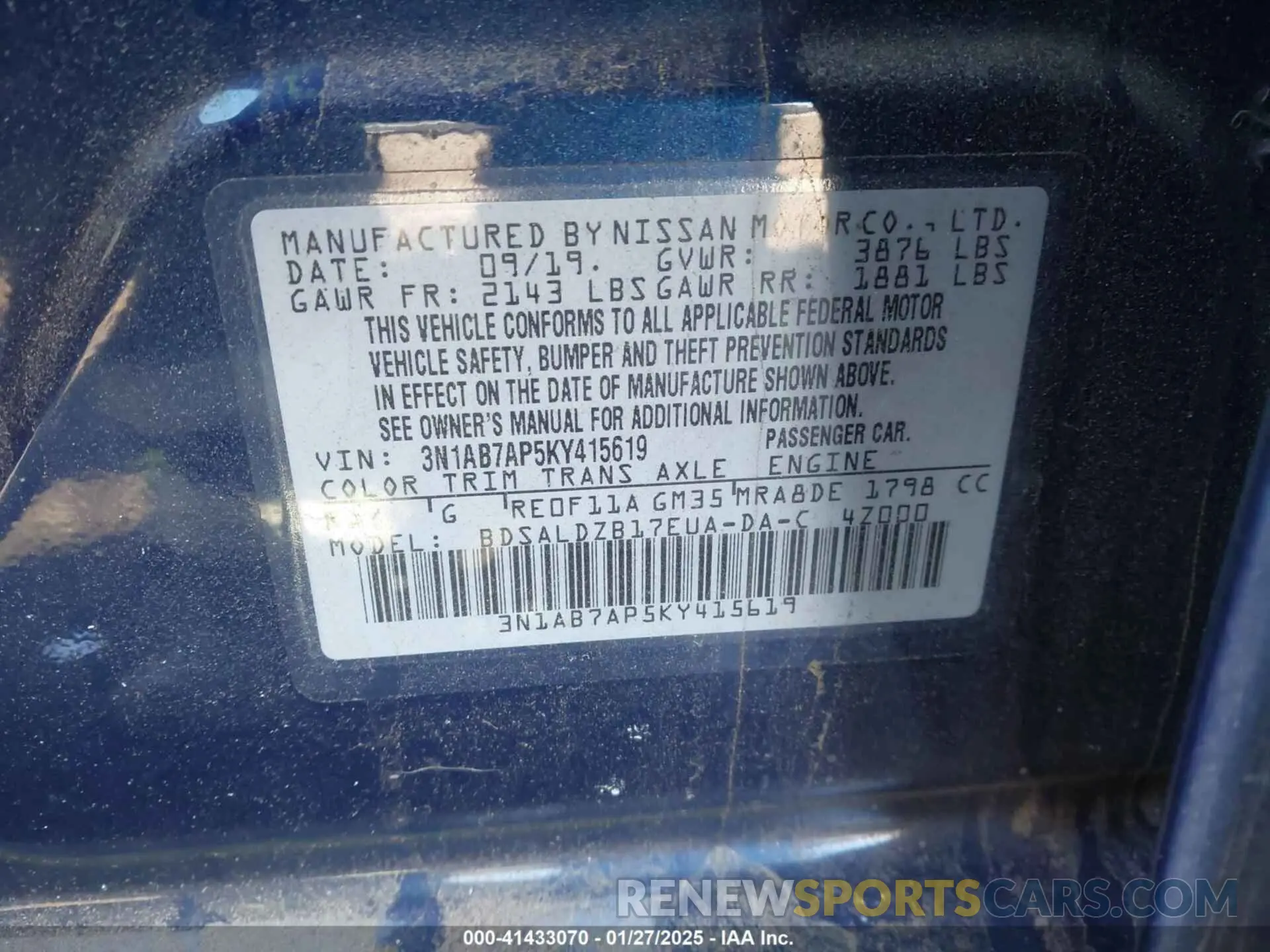 9 fotografías del automóvil dañado 3N1AB7AP5KY415619 NISSAN SENTRA 2019