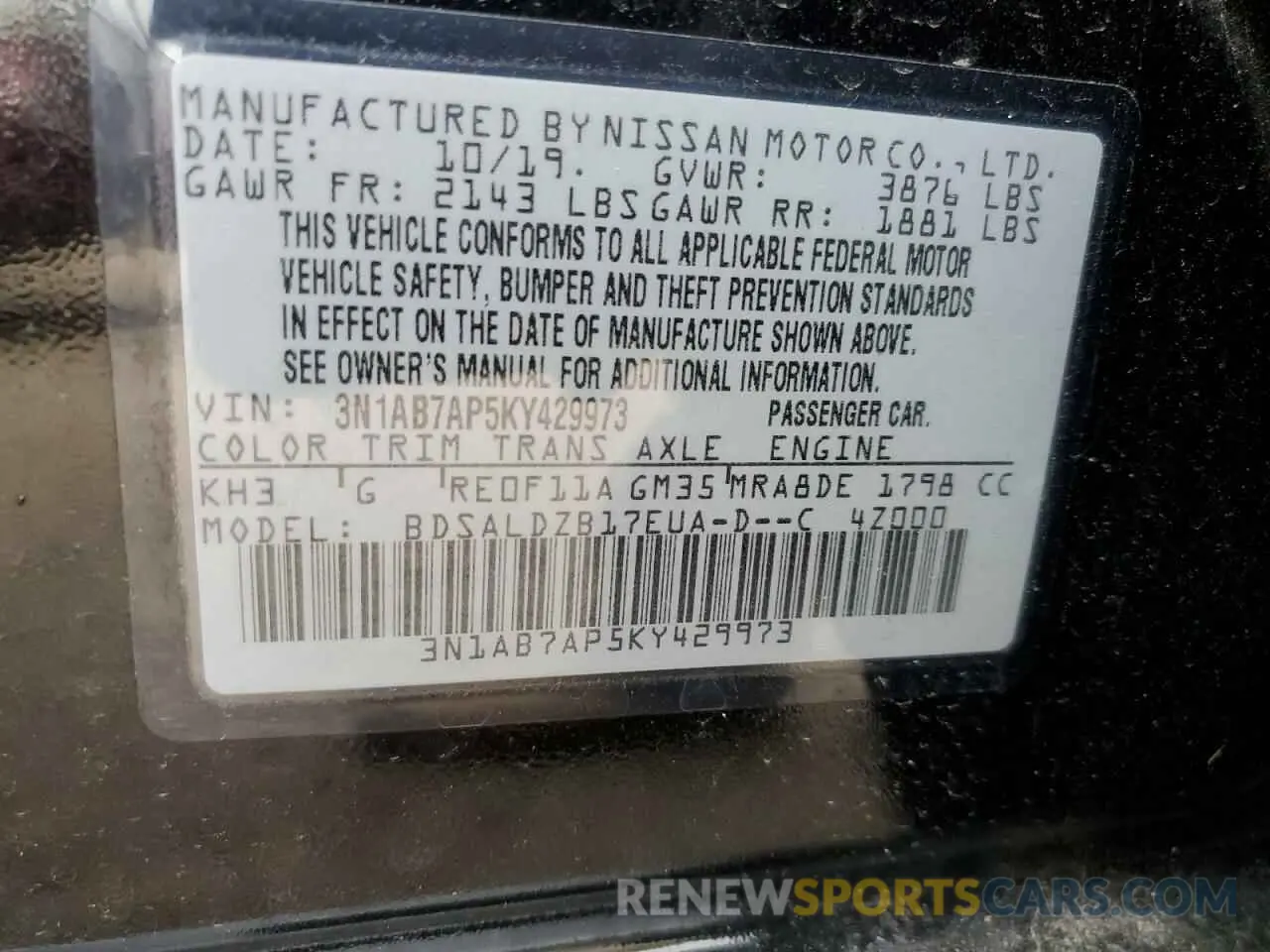 13 fotografías del automóvil dañado 3N1AB7AP5KY429973 NISSAN SENTRA 2019