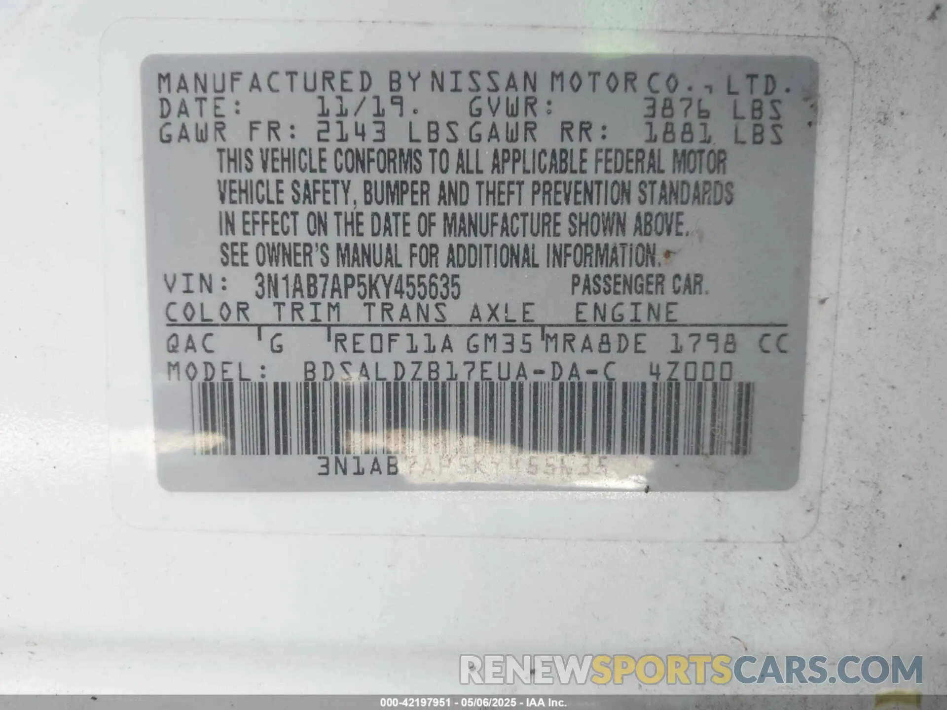 9 fotografías del automóvil dañado 3N1AB7AP5KY455635 NISSAN SENTRA 2019