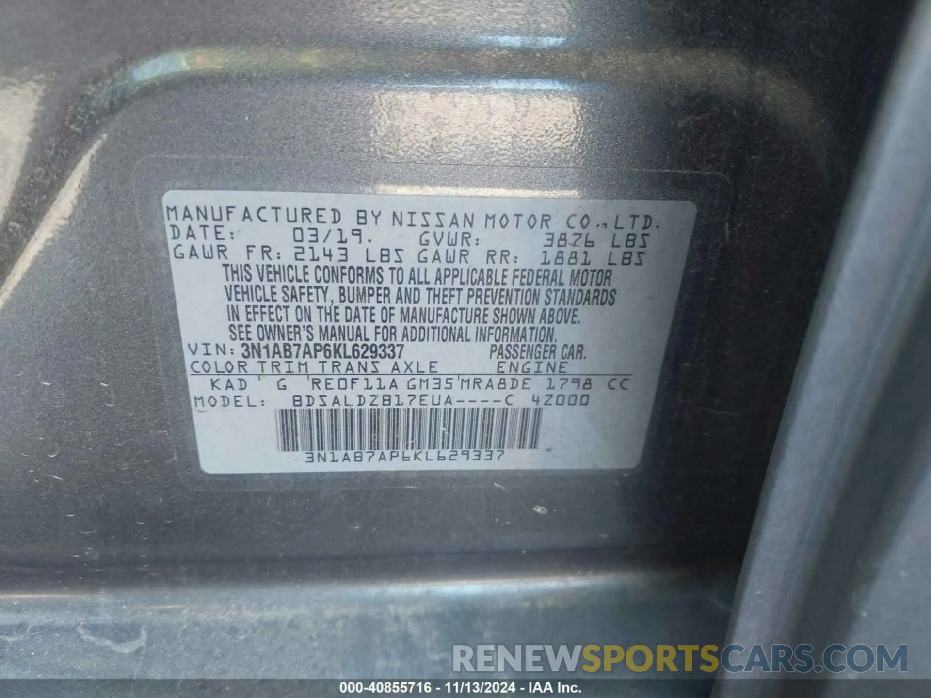 9 fotografías del automóvil dañado 3N1AB7AP6KL629337 NISSAN SENTRA 2019