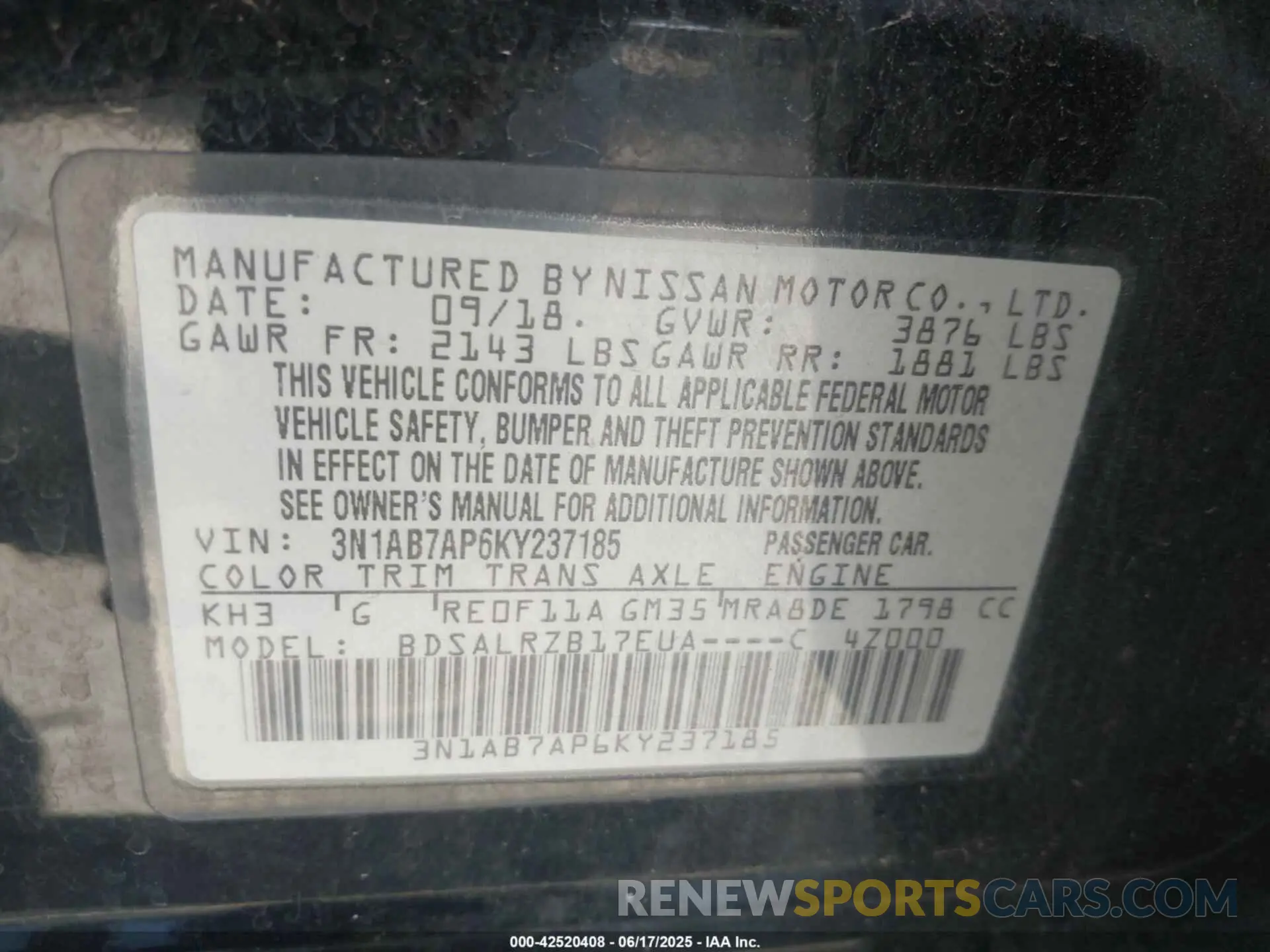 9 fotografías del automóvil dañado 3N1AB7AP6KY237185 NISSAN SENTRA 2019