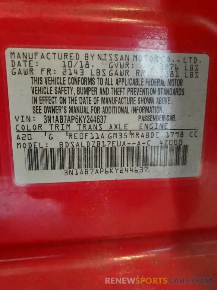 13 fotografías del automóvil dañado 3N1AB7AP6KY244637 NISSAN SENTRA 2019