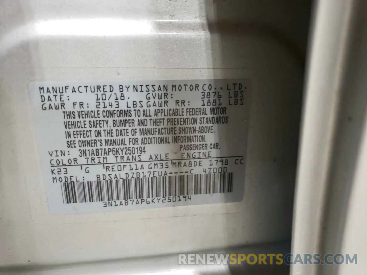 12 fotografías del automóvil dañado 3N1AB7AP6KY250194 NISSAN SENTRA 2019