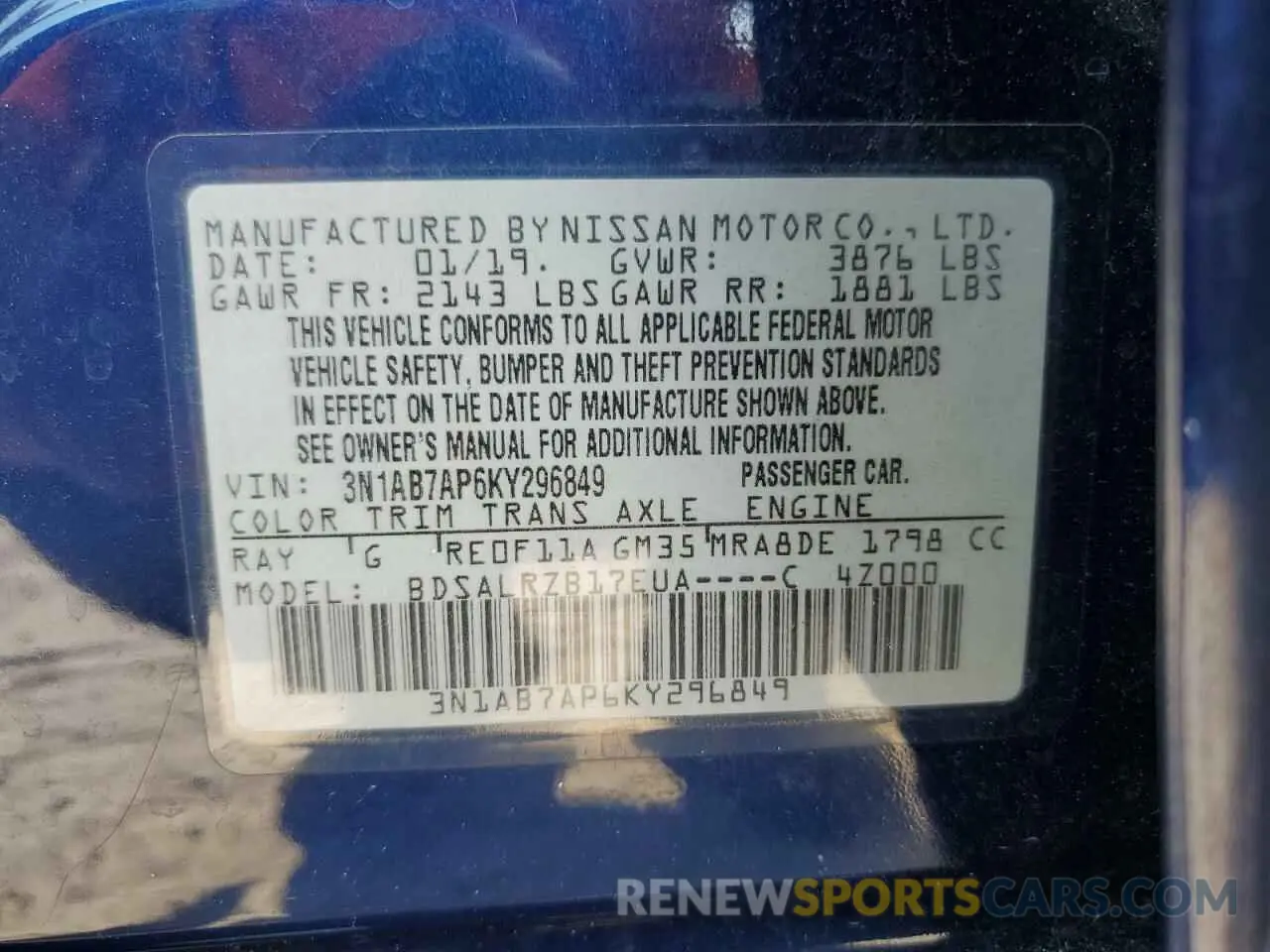 12 fotografías del automóvil dañado 3N1AB7AP6KY296849 NISSAN SENTRA 2019