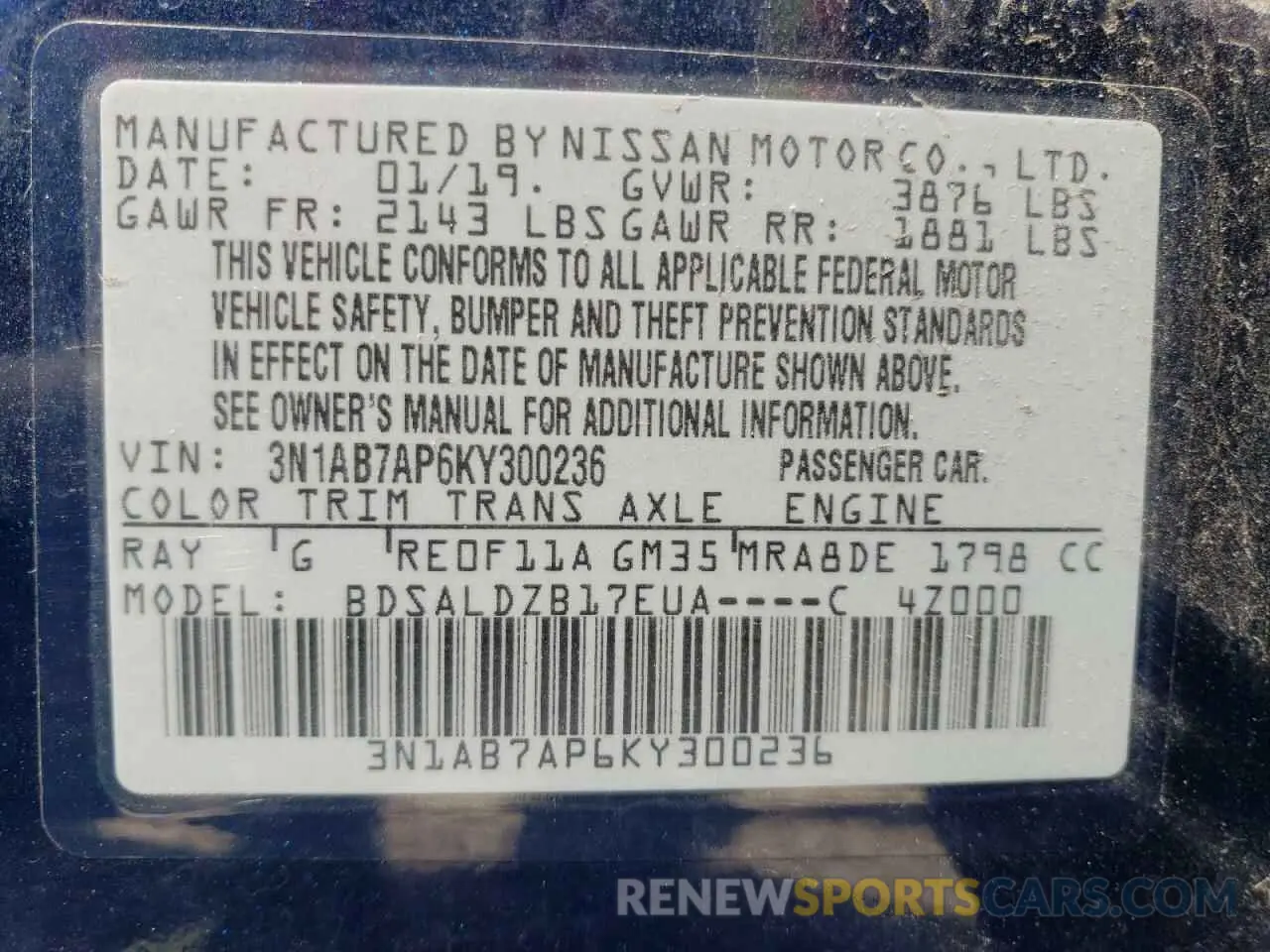 12 fotografías del automóvil dañado 3N1AB7AP6KY300236 NISSAN SENTRA 2019