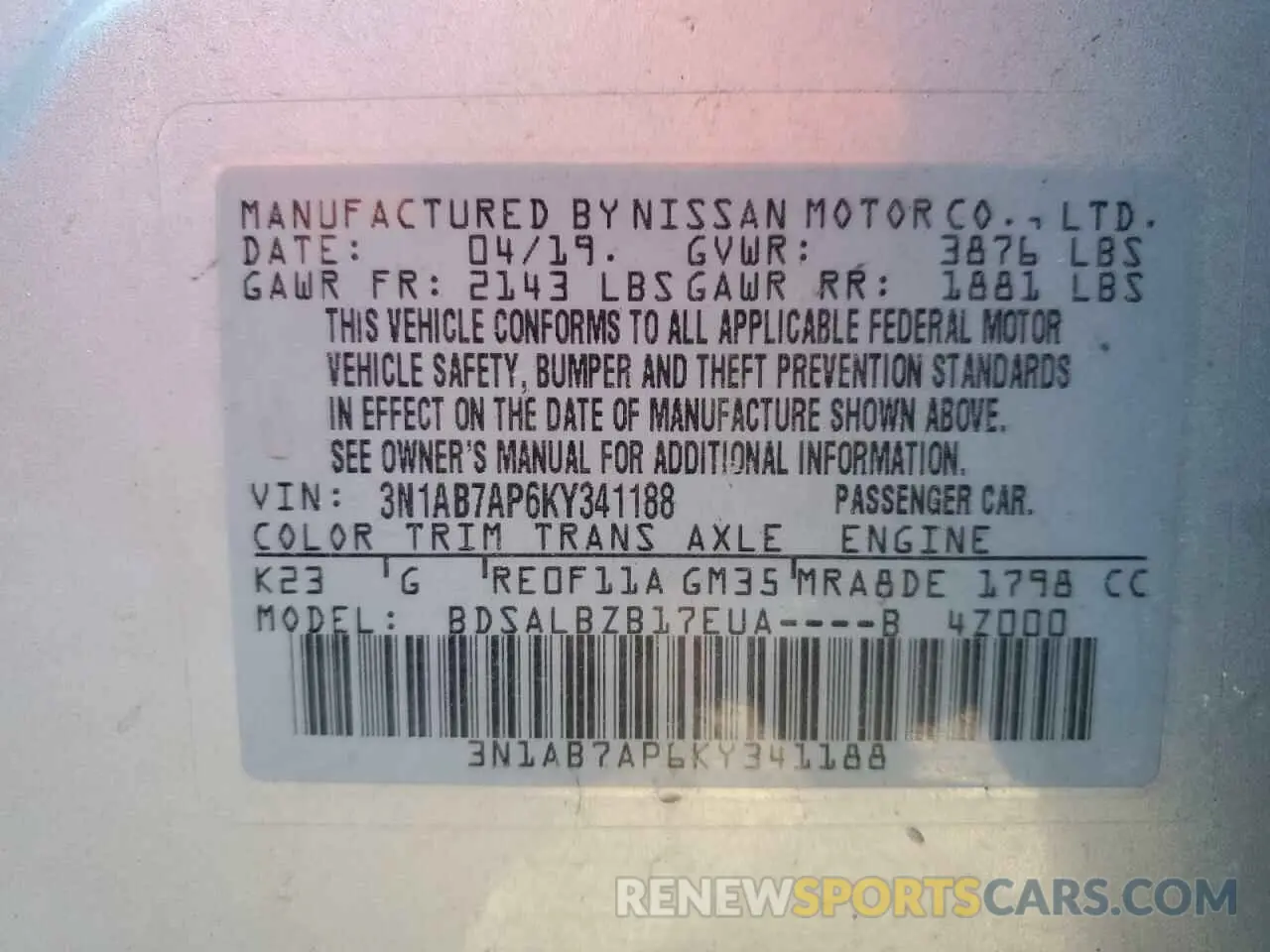 13 fotografías del automóvil dañado 3N1AB7AP6KY341188 NISSAN SENTRA 2019