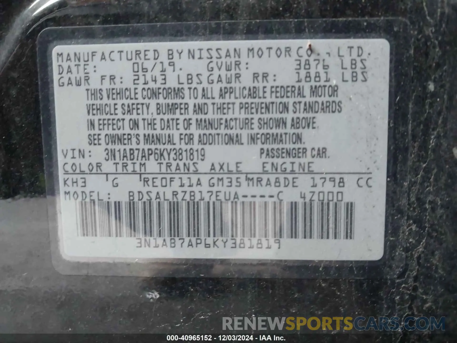 9 fotografías del automóvil dañado 3N1AB7AP6KY381819 NISSAN SENTRA 2019
