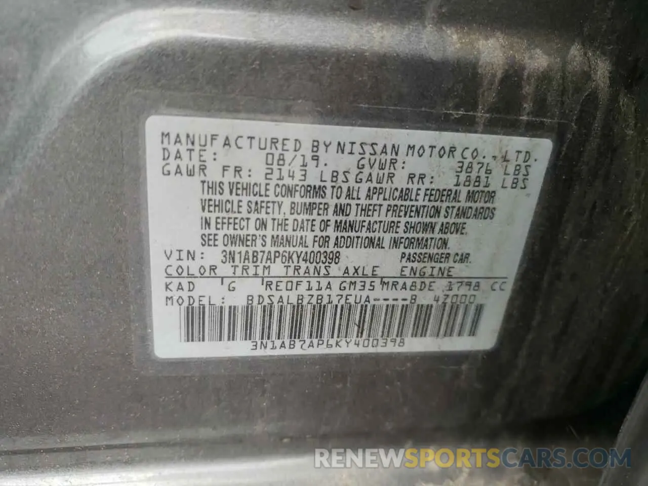 12 fotografías del automóvil dañado 3N1AB7AP6KY400398 NISSAN SENTRA 2019