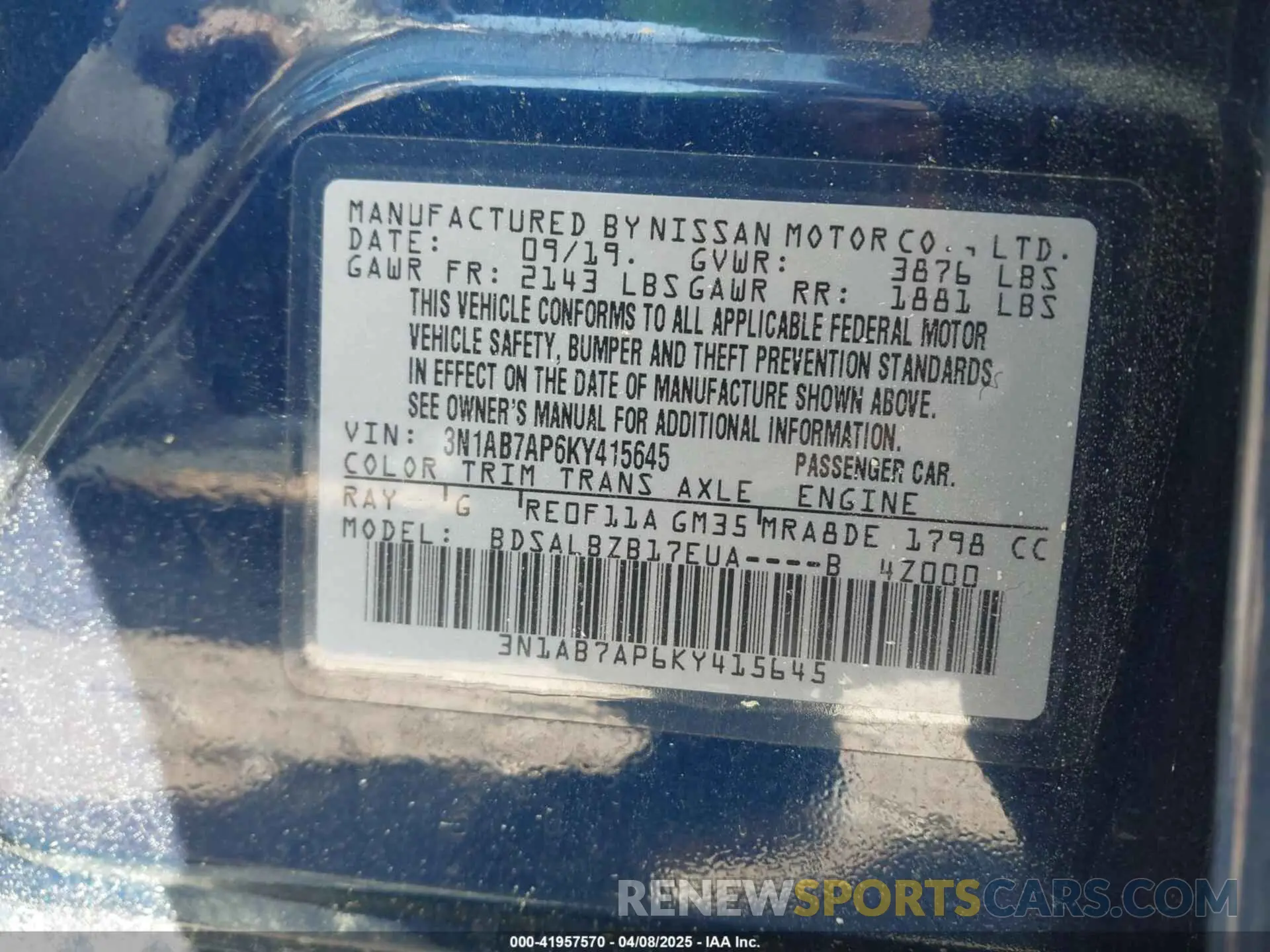 9 fotografías del automóvil dañado 3N1AB7AP6KY415645 NISSAN SENTRA 2019