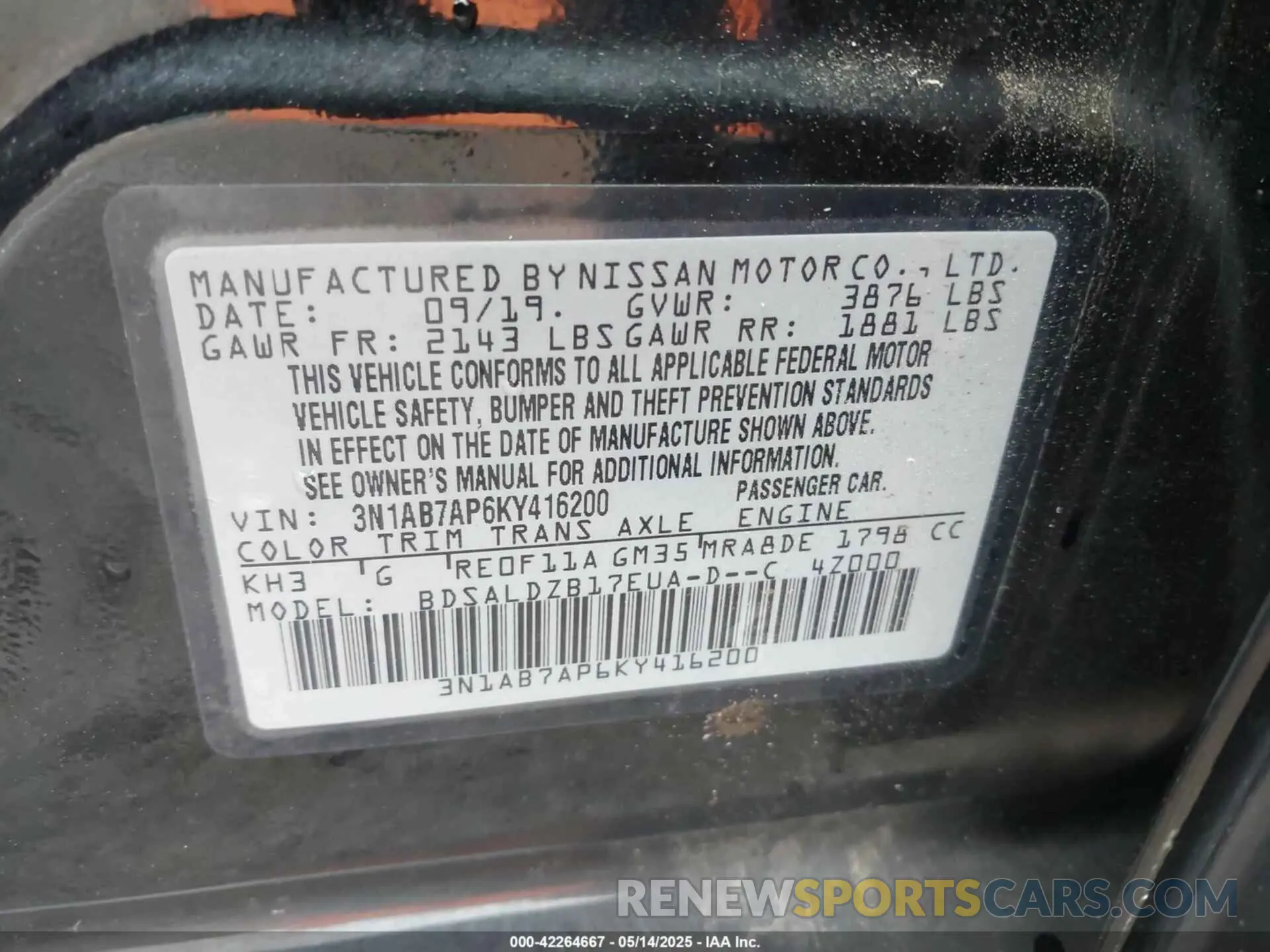 9 fotografías del automóvil dañado 3N1AB7AP6KY416200 NISSAN SENTRA 2019