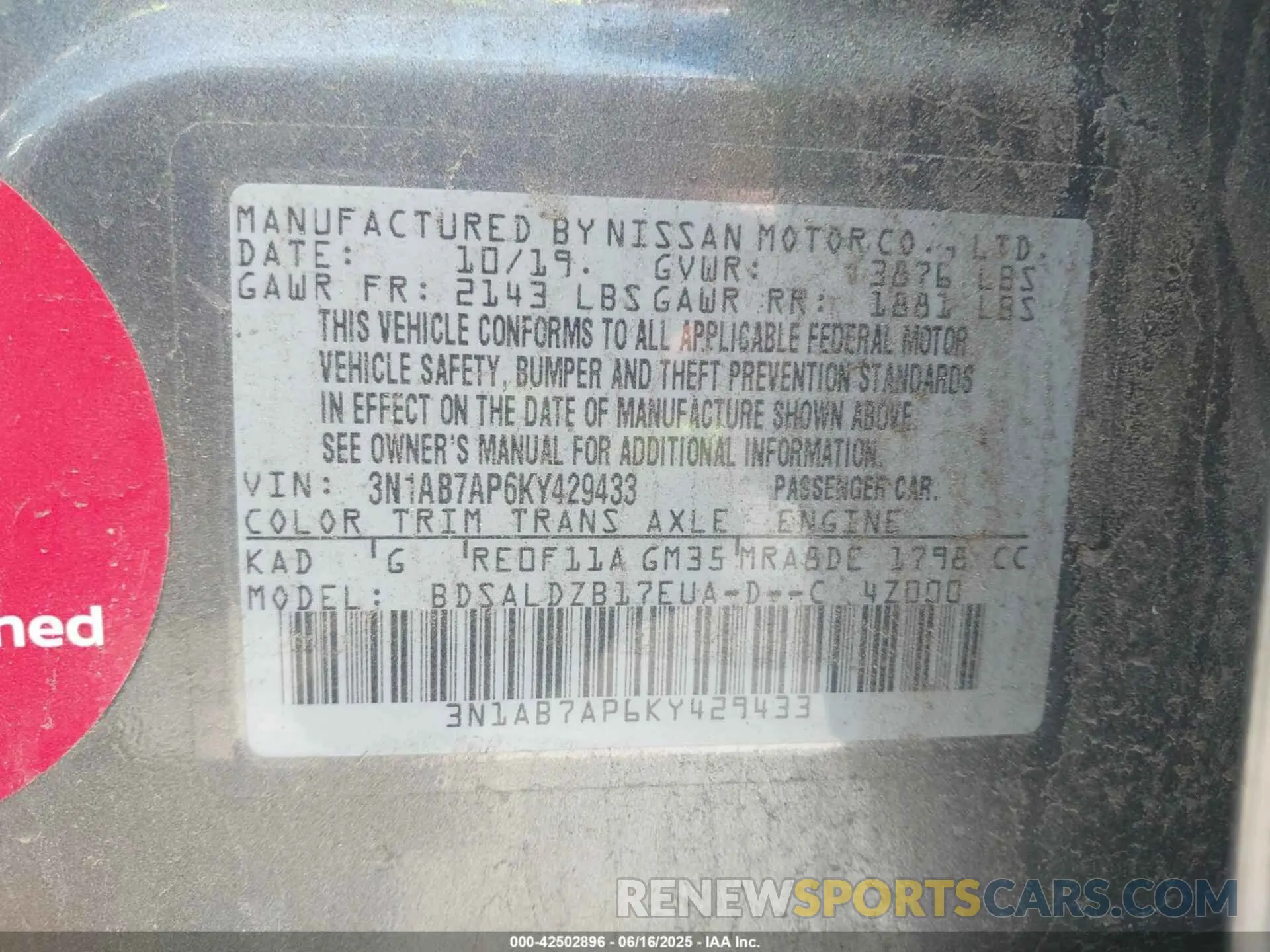 9 fotografías del automóvil dañado 3N1AB7AP6KY429433 NISSAN SENTRA 2019