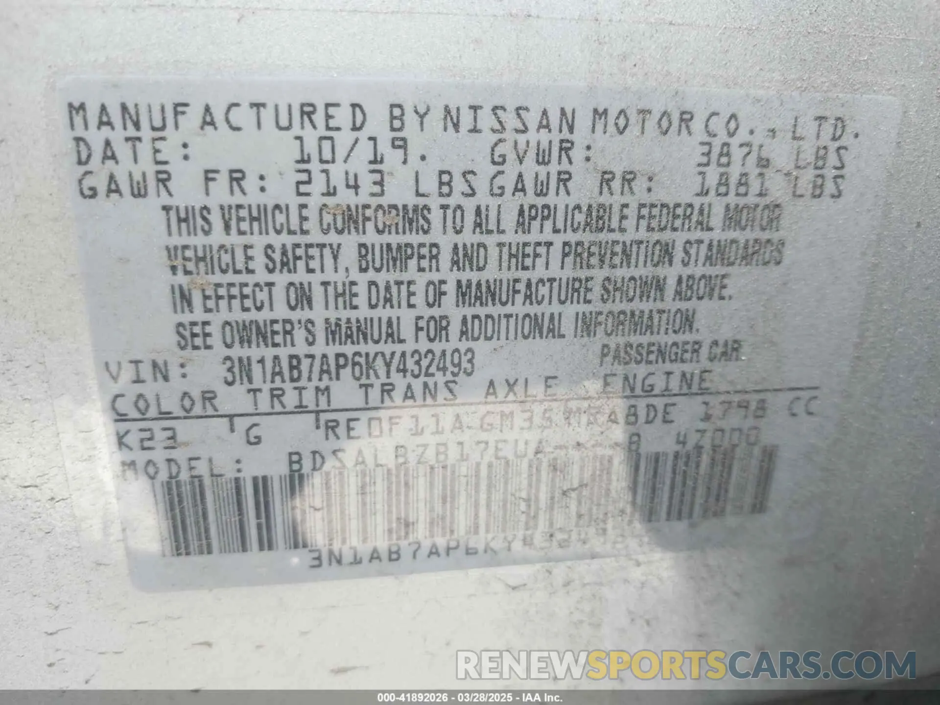 9 fotografías del automóvil dañado 3N1AB7AP6KY432493 NISSAN SENTRA 2019
