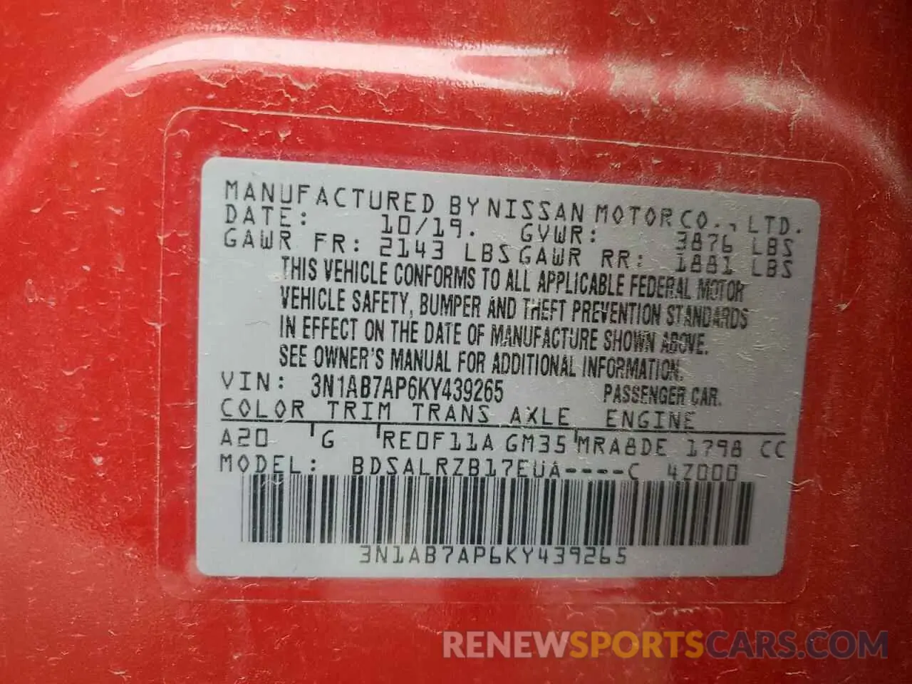 12 fotografías del automóvil dañado 3N1AB7AP6KY439265 NISSAN SENTRA 2019